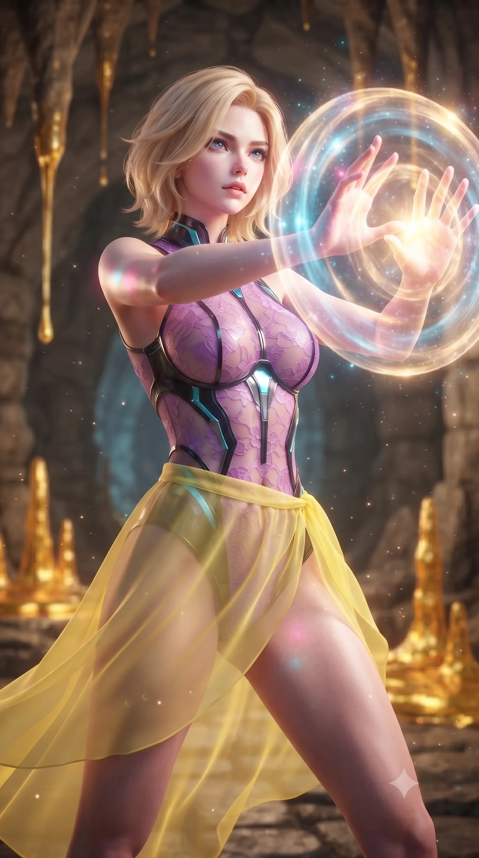 score_9, masterpiece, best quality, ultra-detailed, high-budget anime keyframe, editorial fashion photography, tasteful artistic composition, realistic cosplay photography, Caucasian woman, strictly human ears. close-up cowboy shot from the waist and thighs up, the character dominates the composition, filling the frame with her large presence, background elements kept in soft focus. Casting a protective shield, her face illuminated by the bright barrier glow. set against a soft-focus background of a stone cavern where thick liquid gold is dripping slowly from the ceiling, forming golden stalagmites. She has an exceptionally elegant and slender, willowy female figure with an ultra-slim waist, a gracefully sculpted slender torso, and a refined slim physique. sharp v-shaped jawline, high-bridge nose, intricate jewel-like eyes with depth, thick eyelashes, glossy lips with a natural sheen. wearing tailored for maximum mobility, sleek form-contouring panels that allow fluid movement, a form-contouring sheer orchid purple lace bodysuit, layered naturally under a semi-transparent lemon yellow chiffon wrap skirt. starlight and nebula glow casting soft cosmic pink and cyan highlights on her form. ultra-reflective glossy finish, specular highlights, metallic sheen, high-contrast stereoscopic depth, volumetric dynamic lighting, 2k, ultra detail, master piece, 9:16 ratio