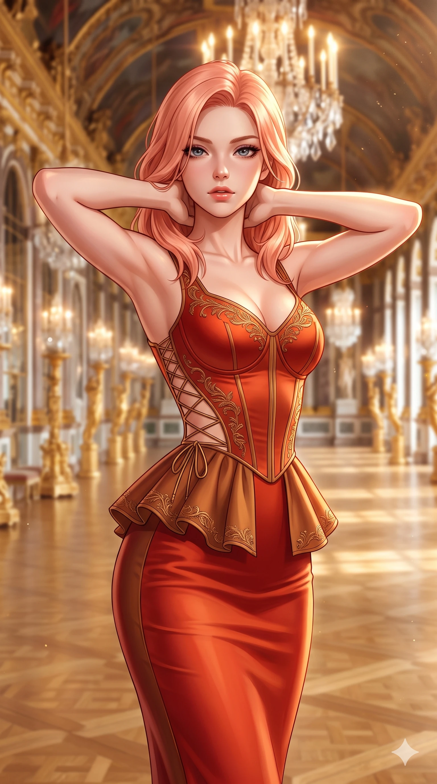 score_9, masterpiece, best quality, ultra-detailed, high-budget anime keyframe, semi-realistic 3D game render, editorial fashion photography, tasteful artistic composition, Japanese woman. close-up cowboy shot from the waist and thighs up, the character dominates the composition, filling the frame with her large presence. resting both hands lightly behind her neck with elbows raised, arching her spine to highlight her narrow waist, flat midriff, and breathtaking collarbones while standing poised in the grand mirror gallery, arching her lower back with sovereign supermodel grace as endless reflections recede into gilded infinity. The background shows a soft-focus infinite receding gilded mirror reflections, multi-tiered crystal chandeliers, and polished parquet flooring blurred into gold, crystal, and champagne bokeh. She has an exceptionally elegant, slender, and willowy female figure with an ultra-slim waist, flat toned midriff, narrow ribcage, and sculpted feminine hips creating an alluring, slim hourglass silhouette without bulk. sharp v-shaped jawline, high-bridge nose, intricate jewel-like sparkling eyes with depth, thick eyelashes, glossy parted lips with a natural sheen, intensely captivating and seductive bedroom-eyes expression, exuding both youthful cute charm and sovereign luxury allure, flawlessly proportioned anatomical accuracy, strict slender model proportions, natural body alignment, perfectly sculpted long slender limbs, ultra-slim waistline, clean dynamic posture without body distortion. wearing a modern peplum corset dress with side-waist diamond cutouts and an ultra-tight silhouette in imperial vermilion silk and warm bronze, tailored from heavy double-faced silk georgette with an exceptionally fluid drape, featuring fine criss-cross lace-up side ties revealing tantalizing glimpses of her hip curve, the glove-like clinging cut tightly following the natural contour of her hips and long slender legs with youthful 8.5-heads elegance. illuminated by mirrored wall bounce and sharp diamond-gold rim lights carving her sculpted collarbones, ultra-slim waist, and curvy hips. highly saturated vibrant anime colors, detailed shading with soft gradients, rich glossy textures, high-contrast stereoscopic depth, volumetric dynamic lighting, master piece, 9:16 ratio
