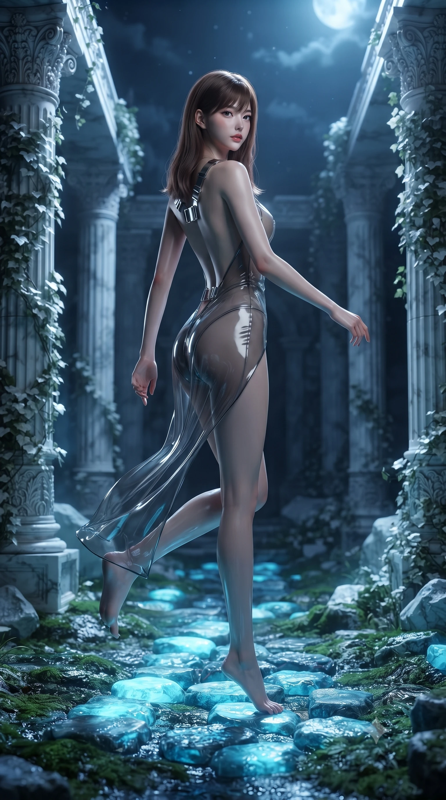 score_9, masterpiece, best quality, ultra-detailed, High-budget Anime Keyframe, editorial fashion photography, tasteful artistic composition, realistic cosplay photography, East Asian woman. Dynamic full-body shot stretching the vertical silhouette to the limit. Scenario 350: stepping across glowing azure stones in a moonlit ancient temple with collapsing marble pillars and white ivy. Her presence is magnetic and overpowering in this high-budget cinematic scene. Outfit 350: a slim-fit sheer organza second with a backless design and metallic buckles. The clothing is designed to emphasize her exceptionally tall and slender 8-heads proportion. 8-heads proportion, towering silhouette, ultra-slim waist. sharp v-shaped jawline, intricate jewel-like eyes with depth, thick eyelashes, glossy lips. ultra-reflective glossy finish, specular highlights, metallic sheen, high-contrast stereoscopic depth, volumetric dynamic lighting, 2k, ultra detail, master piece, 9:16 ratio