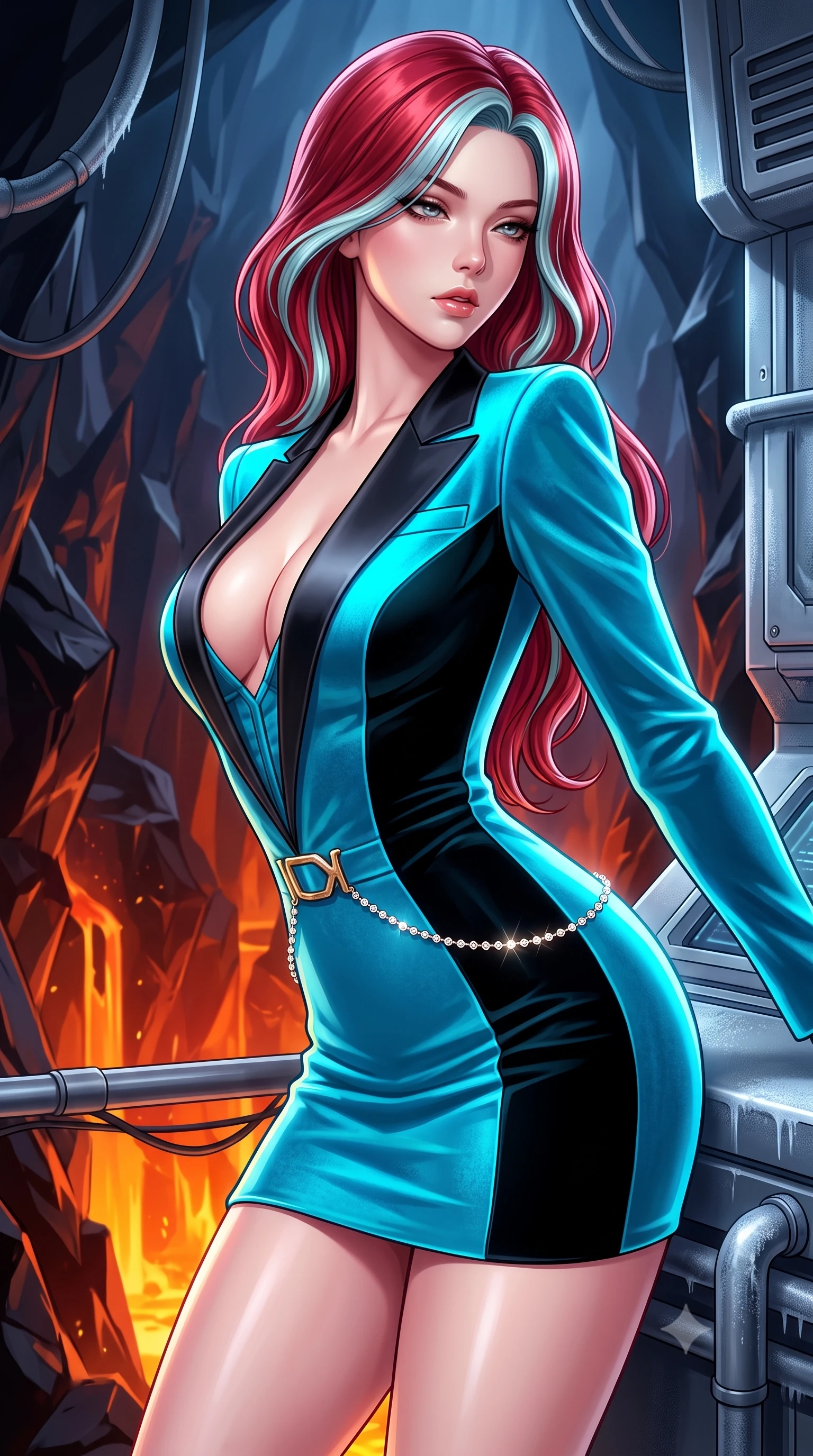 score_9, masterpiece, best quality, ultra-detailed, high-budget anime keyframe, semi-realistic 3D game render, editorial fashion photography, tasteful artistic composition, Caucasian woman. close-up cowboy shot from the waist and thighs up, the character dominates the composition, filling the frame with her large presence. twisting her slender torso in a deep contrapposto stance, hips dramatically shifted to accentuate her feminine curves while looking past her shoulder with smoldering bedroom-eyes while leaning back against a cool matte-titanium console with hips cocked back, casting an audacious, fearless bedroom-gaze into the molten abyss. The surrounding environment is rendered in vivid detail and crisp panoramic clarity. sharp obsidian stone facets, titanium panel seams, and cooling pipe frost condensation in deep focus. She has an exceptionally elegant, slender, and willowy female figure with an ultra-slim waist, flat toned midriff, narrow ribcage, and sculpted feminine hips creating an alluring, slim hourglass silhouette without bulk. sharp v-shaped jawline, high-bridge nose, intricate jewel-like eyes with depth, thick eyelashes, glossy parted lips with a natural sheen, intensely captivating and seductive bedroom-eyes expression, flawlessly proportioned anatomical accuracy, strict slender model proportions, natural body alignment, perfectly sculpted long slender limbs, ultra-slim waistline, clean dynamic posture without body distortion. wearing a tailored velvet tuxedo jacket dress with satin lapels, worn with a deep plunge neckline and gold hip buckle in neon electric cyan and lacquer black, made of fluid silk crepe with delicate inner corsetry boning, accented with a dainty diamond waist chain catching the ambient light reflections, the glove-like aerodynamic silhouette tightly following the natural contour of her hips and long slender legs with statuesque 8.5-heads elegance. illuminated by high-contrast specular rim lights sharply sculpting her razor-sharp jawline, narrow waist, and curvy hips. highly saturated vibrant anime colors, detailed shading with soft gradients, rich glossy textures, high-contrast stereoscopic depth, volumetric dynamic lighting, master piece, 9:16 ratio