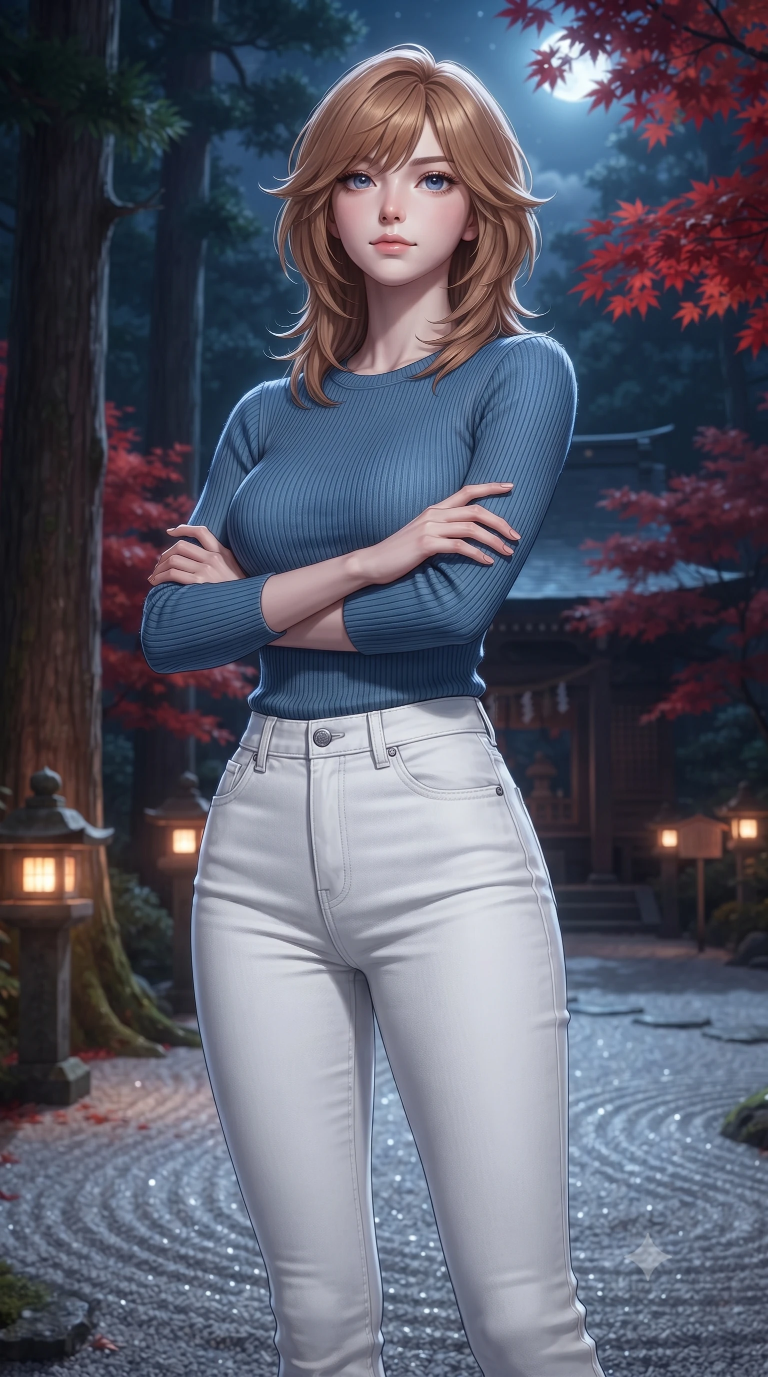 score_9, masterpiece, best quality, ultra-detailed, high-budget anime keyframe, editorial fashion photography, tasteful artistic composition, Korean woman. close-up cowboy shot from the waist and thighs up, the character dominates the composition, filling the frame with her large presence, background elements kept in soft focus. Crossing her arms with serene confidence and chin slightly raised. set against a soft-focus background of a traditional Japanese Shinto shrine courtyard at night with stone lanterns casting warm pools of light ancient cedar trees autumn maple leaves in brilliant red and a raked gravel garden gleaming in moonlight. She has an exceptionally elegant and slender, willowy female figure with an ultra-slim waist, a gracefully sculpted slender torso, and a refined slim physique. sharp v-shaped jawline, high-bridge nose, intricate jewel-like eyes with depth, thick eyelashes, glossy lips with a natural sheen. wearing a form-fitting ribbed knit top in French blue, paired with high-waisted white denim trousers that hug her slender legs. warm amber light from stone lanterns at ground level mixed with cool silver moonlight from above creating a serene Japanese atmosphere with deep contrasting shadows. 2k, ultra detail, master piece, 9:16 ratio