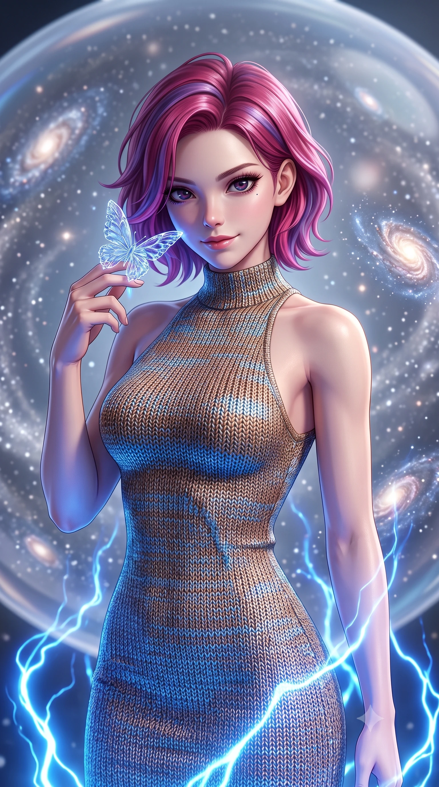 score_9, masterpiece, best quality, ultra-detailed, high-budget anime keyframe, editorial fashion photography, tasteful artistic composition, Caucasian woman, strictly human ears. close-up cowboy shot from the waist and thighs up, the character dominates the composition, filling the frame with her large presence, background elements kept in soft focus. Holding a delicate object up near her face while gazing at the viewer with a knowing smile. set against a soft-focus background of floating inside a giant transparent sphere where cosmic dust swirls like snow in slow-motion currents and miniature spiral galaxies spontaneously form and dissolve in the glittering cosmic medium. She has an exceptionally elegant and slender, willowy female figure with an ultra-slim waist, a gracefully sculpted slender torso, and a refined slim physique. sharp v-shaped jawline, high-bridge nose, intricate jewel-like eyes with depth, thick eyelashes, glossy lips with a natural sheen. wearing a high-neck racer-back fitted dress in a metallic bronze and sky blue knit, highlighting her athletic shoulders and slender torso. pulsing electric blue plasma arc lighting rising dramatically from below. 2k, ultra detail, master piece, 9:16 ratio