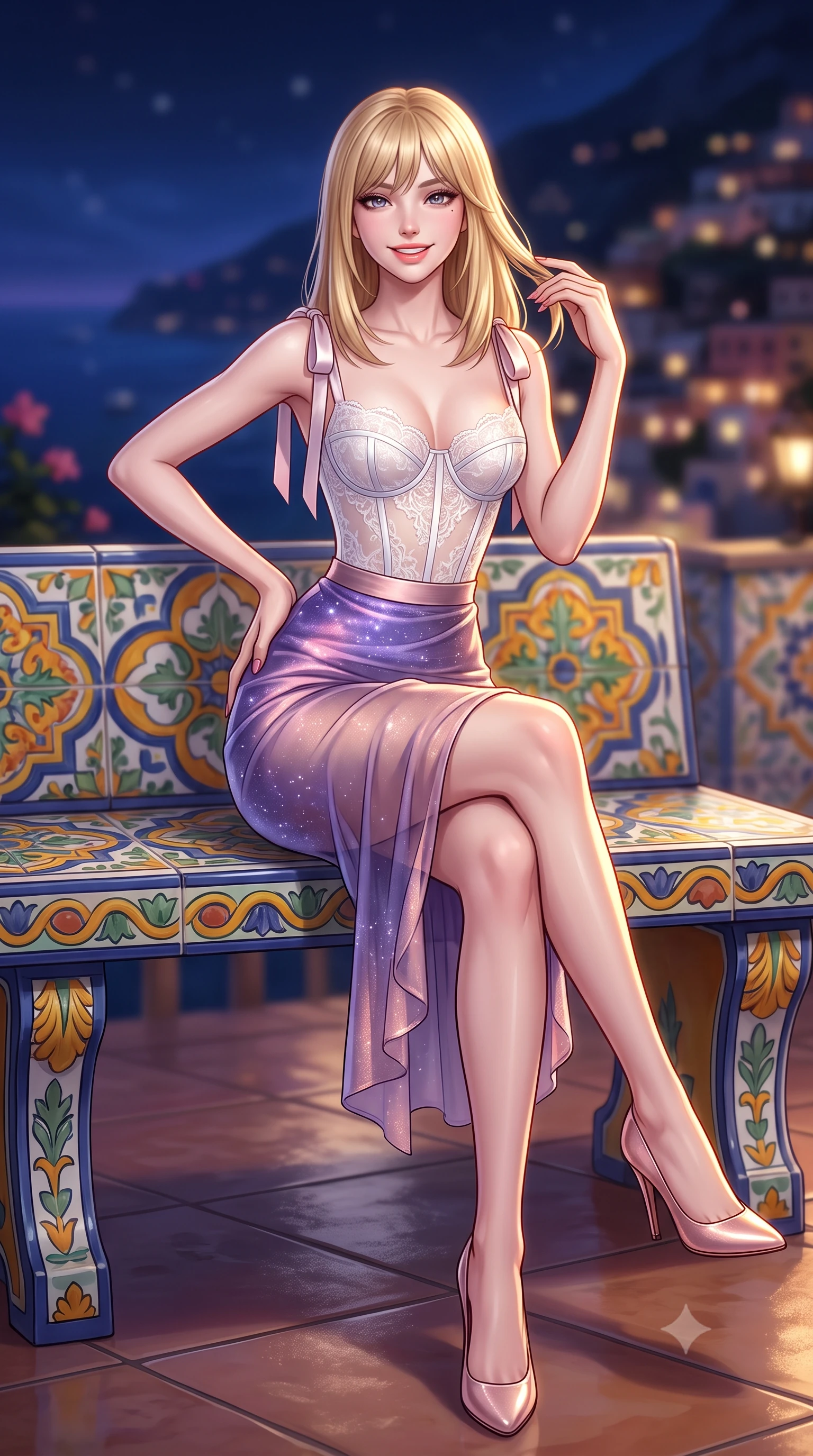 score_9, masterpiece, best quality, ultra-detailed, high-budget anime keyframe, semi-realistic 3D game render, editorial fashion photography, tasteful artistic composition, Japanese woman. close-up cowboy shot from the waist and thighs up, the character dominates the composition, filling the frame with her large presence. twisting her slender torso in an alluring contrapposto stance, one hand resting on her sculpted hip while her fingers toy with her hair with effortless poise while sitting perched on the colorful ceramic bench with legs crossed, running one manicured hand slowly down her hip with magnetic charm. The background shows a soft-focus colorful ceramic tile patterns softened in romantic Italian coastal nocturne shallow focus. She has an exceptionally elegant, slender, and willowy female figure with an ultra-slim waist, flat toned midriff, narrow ribcage, and sculpted feminine hips creating an alluring, slim hourglass silhouette without bulk. sharp v-shaped jawline, high-bridge nose, intricate jewel-like sparkling eyes with depth, thick eyelashes, glossy parted lips with a natural peach sheen, bright cheerful beaming smile with an enchanting and coquettish sensual glint, exuding both youthful cute charm and seductive allure, flawlessly proportioned anatomical accuracy, strict slender model proportions, natural body alignment, perfectly sculpted long slender limbs, ultra-slim waistline, clean dynamic posture without body distortion. wearing a sculpted underwire corset in sheer frost-white Chantilly lace paired with a high-waisted sheer mesh pencil skirt with back slit in orbital nebula violet and luminescent rose gold, made of sheer gossamer chiffon that drapes softly against skin with airy translucence, finished with satin ribbon ties at the shoulders fluttering in the gentle breeze, the second-skin tailored fabric adhering flawlessly to her sculpted flat midriff and slender torso, emphasizing her long leg lines and perfectly proportioned willowy build. illuminated by terrace tile reflection bounce and sharp flame-gold rim lights sculpting her razor-sharp jawline, narrow waist, and curvy hips. highly saturated vibrant anime colors, detailed shading with soft gradients, rich glossy textures, high-contrast stereoscopic depth, volumetric dynamic lighting, master piece, 9:16 ratio