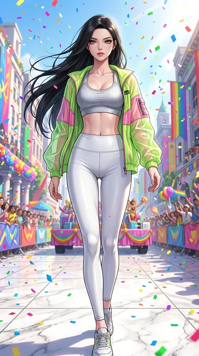 score_9, masterpiece, best quality, ultra-detailed, High-budget Anime Keyframe, beautiful Japanese anime girl. Low angle cowboy shot filling the entire 9:16 frame with her statuesque presence. Standing in a rain of colorful confetti on a grand parade