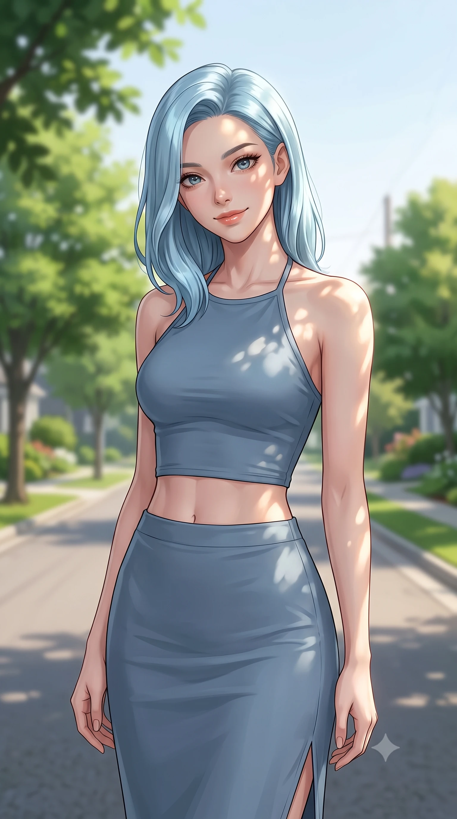 score_9, masterpiece, best quality, ultra-detailed, high-budget anime keyframe, editorial fashion photography, tasteful artistic composition, Korean woman woman. close-up cowboy shot from the waist and thighs up, the character dominates the composition, filling the frame with her large presence, background elements kept in soft focus. tilting her head slightly with a gentle, friendly smile under the warm sun the background shows a soft-focus a quiet residential street lined with green trees and neat gardens under a clear sky. She has an exceptionally elegant, slender, and willowy female figure with an ultra-slim waist, a gracefully sculpted slender torso, and a refined silhouette. sharp v-shaped jawline, high-bridge nose, intricate jewel-like eyes with depth, thick eyelashes, glossy lips with a natural sheen. wearing a slim-fit cropped halter neck top in dusty blue paired with a side-slit midi skirt. soft dappled sunlight filtering through roadside tree leaves. 2k, ultra detail, master piece, 9:16 ratio