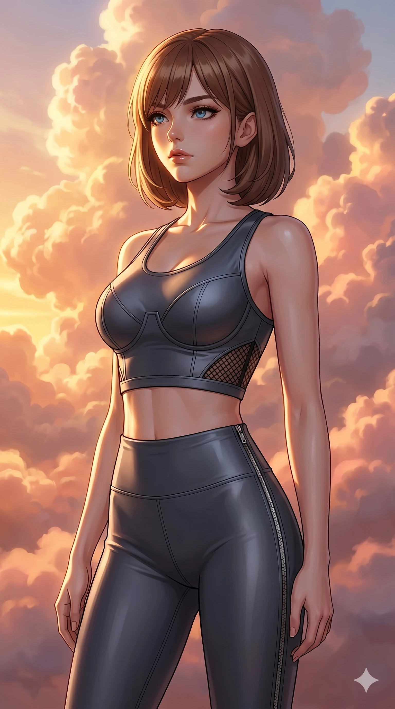 score_9, masterpiece, best quality, ultra-detailed, high-budget anime keyframe, editorial fashion photography, tasteful artistic composition, Caucasian woman, strictly human ears. cowboy shot from the thighs up, character and outfit filling the frame for maximum editorial presence. Gazing past the camera with an air of effortless superiority inside a luminous cloud palace where cumulus formations glow with amber and rose from within. She has an absolutely perfect 8-heads proportion, an exceptionally tall and slender female figure with impossibly long slender legs and an ultra-slim waist. V-shaped jawline, high-bridge nose, intricate jewel-like eyes with depth, thick eyelashes, glossy lips with a natural sheen. wearing a high-performance fitted crop sports top in deep chrome grey with sculpted structured cups and a bold graphic mesh insert at the sides, paired with matching high-waist compression leggings with side chrome zip details. lit by dramatic chiaroscuro with a single golden key light carving her facial contours and figure. 2k, ultra detail, master piece, 9:16 ratio