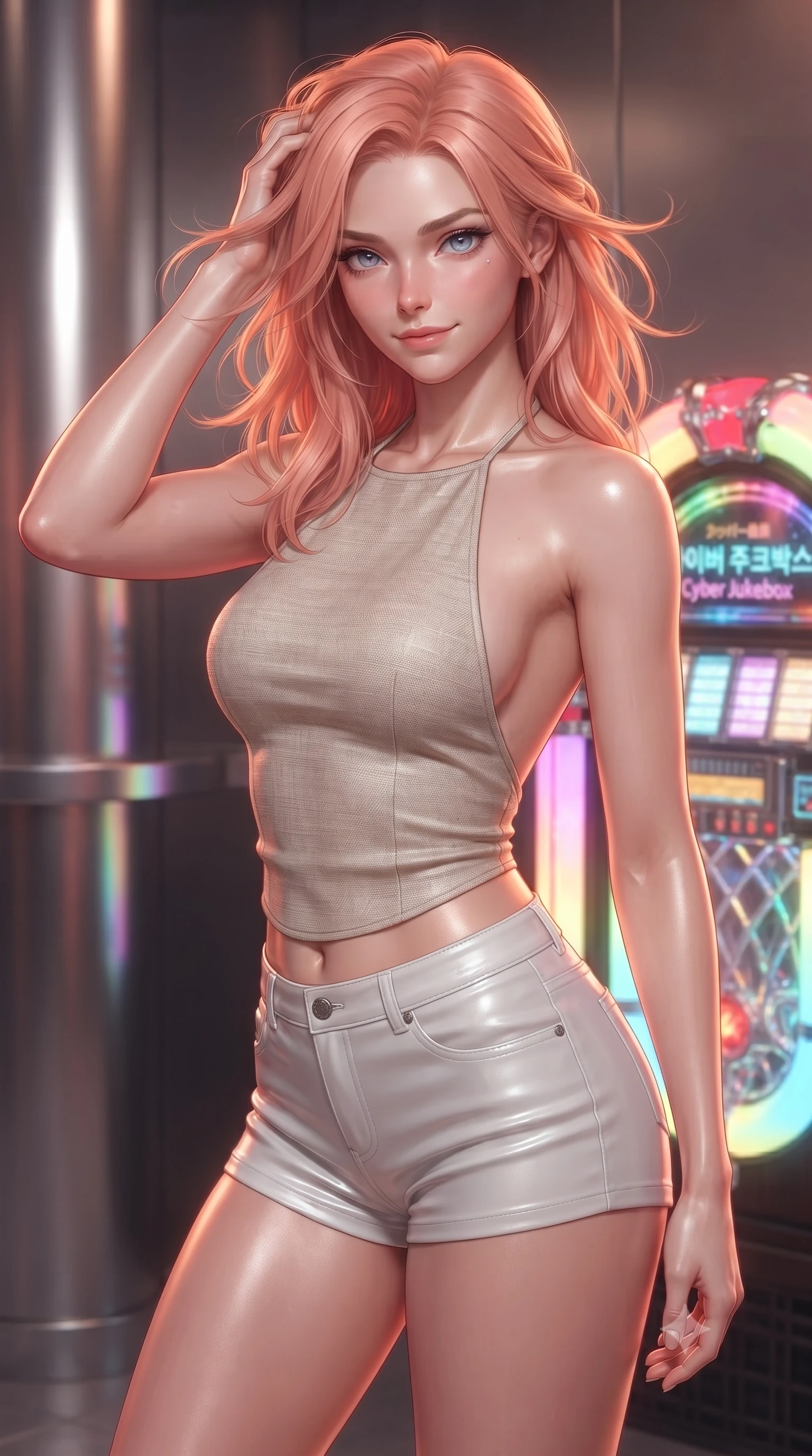 score_9, masterpiece, best quality, ultra-detailed, high-budget anime keyframe, editorial fashion photography, tasteful artistic composition, Japanese woman. close-up cowboy shot from the waist and thighs up, the character dominates the composition, filling the frame with her large presence, background elements kept in soft focus. smiling with quiet, magnetic self-assurance directly into the camera, running a hand through her hair the background shows a soft-focus a quiet cyber-bar corner next to a glowing holographic jukebox. She has an exceptionally elegant, slender, and willowy female figure with an ultra-slim waist, a gracefully sculpted slender torso, and a refined silhouette. sharp v-shaped jawline, high-bridge nose, intricate jewel-like eyes with depth, thick eyelashes, glossy lips with a natural sheen. wearing a body-hugging stylish linen halter top with an open-back design, paired with white micro-shorts. soft neon crimson and orange rim lighting tracing her graceful posture. ultra-reflective glossy finish, specular highlights, metallic sheen, high-contrast stereoscopic depth, volumetric dynamic lighting, 2k, ultra detail, master piece, 9:16 ratio