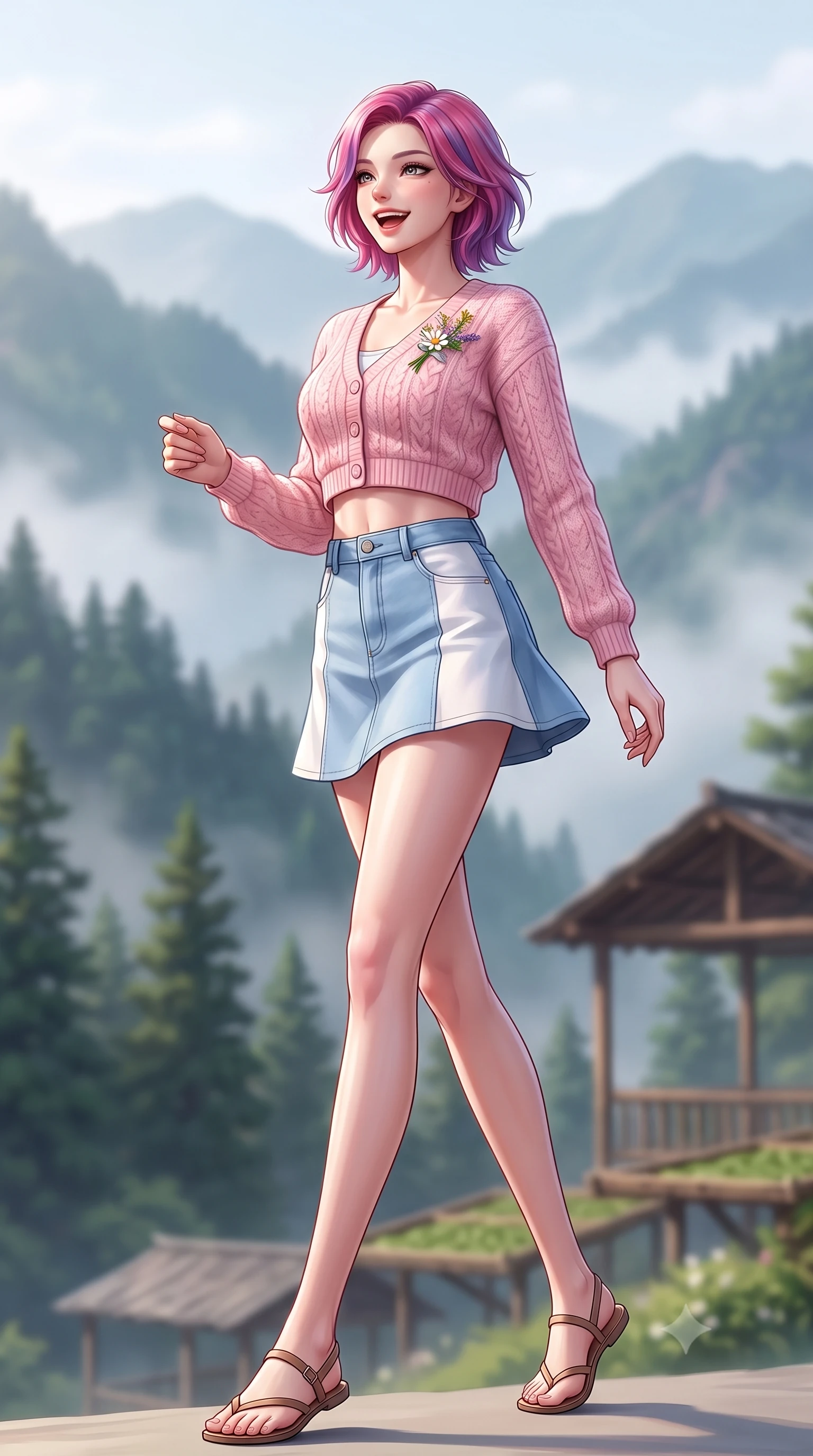 score_9, masterpiece, best quality, ultra-detailed, high-budget anime keyframe, semi-realistic 3D game render, editorial fashion photography, tasteful artistic composition, Caucasian woman. low angle full-body shot from head to toe showing her feet, filling the entire 9:16 vertical frame with her statuesque presence, stretching her vertical silhouette. stepping forward gracefully in mid-motion with a delighted cute laugh, displaying her tall slender model proportions while gazing across layers of misty mountain ridges with sparkling, hopeful eyes and a radiant expression. The composition keeps background elements in soft focus with creamy bokeh. distant pine-covered mountain peaks and rustic tea drying pavilions softened in atmospheric depth. She has an absolutely perfect, statuesque 8.5-heads proportion, an exceptionally tall and slender model-like female figure with impossibly long slender legs, a toned flat midriff, and an ultra-slim waist. sharp v-shaped jawline, high-bridge nose, intricate jewel-like eyes with depth, thick eyelashes, glossy lips with a natural sheen, pure and lovely fresh girlhood expression, flawlessly proportioned anatomical accuracy, strict slender model proportions, natural body alignment, perfectly sculpted long slender limbs, ultra-slim waistline, clean dynamic posture without body distortion. wearing a lovely baby-pink cropped knit cardigan paired with a high-waisted denim A-line mini skirt in gentle baby blue and cloud white, crafted from soft breathable linen that flutters gently in the breeze, complemented by a delicate wildflower corsage pinned to the lapel, the chic real-way fashion cut emphasizing her effortless charm, flat midriff, and slender model proportions. surrounded by a peaceful, pristine, and deeply refreshing morning goddess aura. highly saturated vibrant anime colors, detailed shading with soft gradients, rich glossy textures, high-contrast stereoscopic depth, volumetric dynamic lighting, master piece, 9:16 ratio