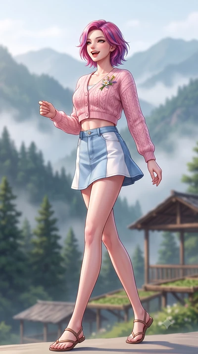score_9, masterpiece, best quality, ultra-detailed, high-budget anime keyframe, semi-realistic 3D game render, editorial fashion photography, tasteful artistic composition, Caucasian woman. low angle full-body shot from head to toe showing her feet, 