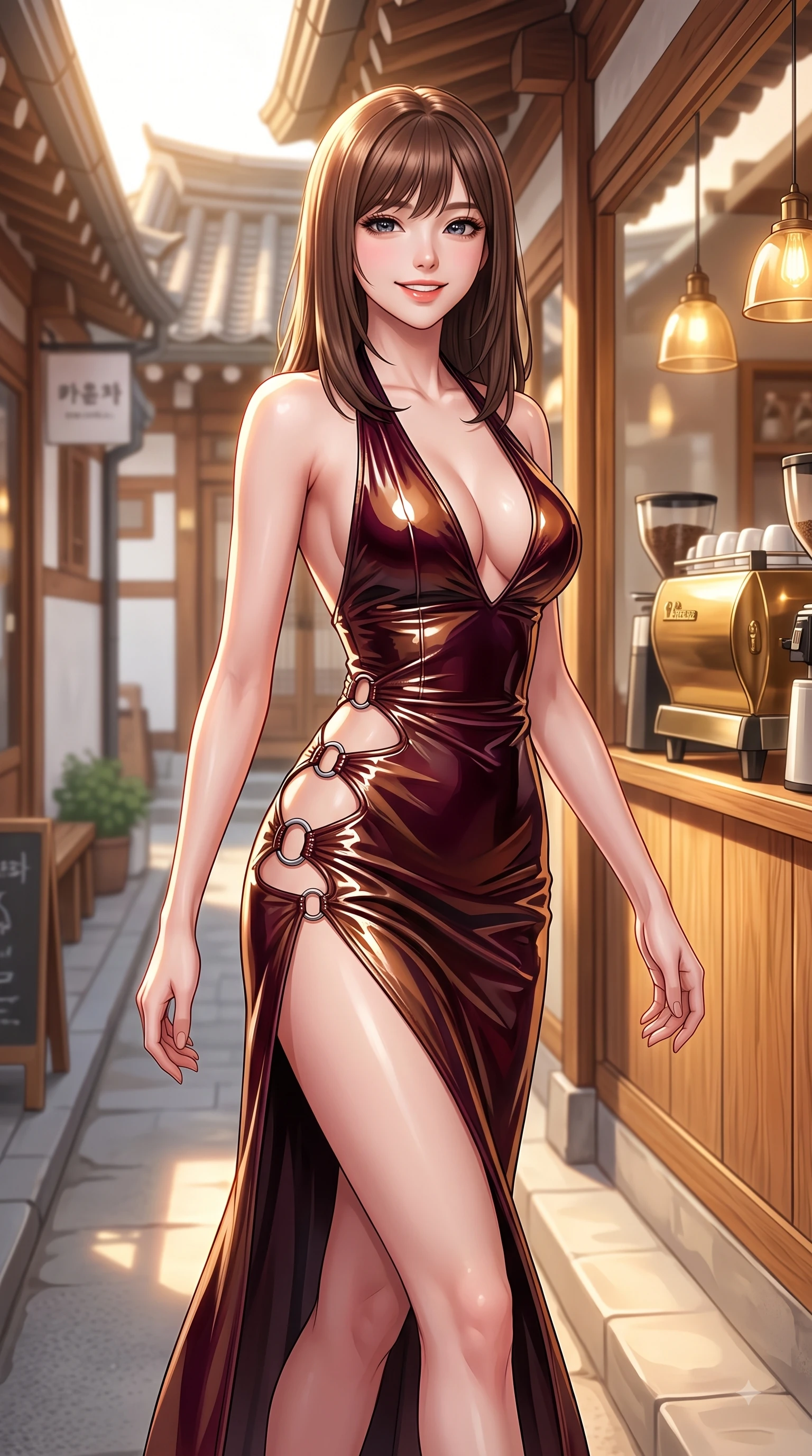 score_9, masterpiece, best quality, ultra-detailed, high-budget anime keyframe, editorial fashion photography, tasteful artistic composition, Korean woman. close-up cowboy shot from the waist and thighs up, the character dominates the composition, filling the frame with her large presence, background elements kept in soft focus. Youthful bright smile exuding pure cute charm and fresh energy, her torso turning dynamically into the lens while stepping along a quiet Hanok alley lined with artisanal coffee shops under warm sunlight, warm oak wood interior and brass coffee machines reflecting soft golden ambient lamps. She has an exceptionally elegant, slender, and willowy female figure with an ultra-slim waist, a gracefully sculpted slender torso, and a refined silhouette. sharp v-shaped jawline, high-bridge nose, intricate jewel-like eyes with depth, thick eyelashes, glossy lips with a natural sheen, flawlessly proportioned anatomical accuracy, natural body alignment, perfectly sculpted elegant limbs, clean dynamic posture without body distortion. wearing a deep-scoop halter bodycon dress with hip cutouts connected by silver rings in deep burgundy and bronze, tailored from high-gloss patent leather, finished with a sleek side slit ascending to mid-thigh, the sleek second-skin texture accentuating her magnetic presence. bathed in warm golden sunlight streaming through clean glass cafe windows. highly saturated vibrant anime colors, detailed shading with soft gradients, rich glossy textures, high-contrast stereoscopic depth, volumetric dynamic lighting, master piece, 9:16 ratio