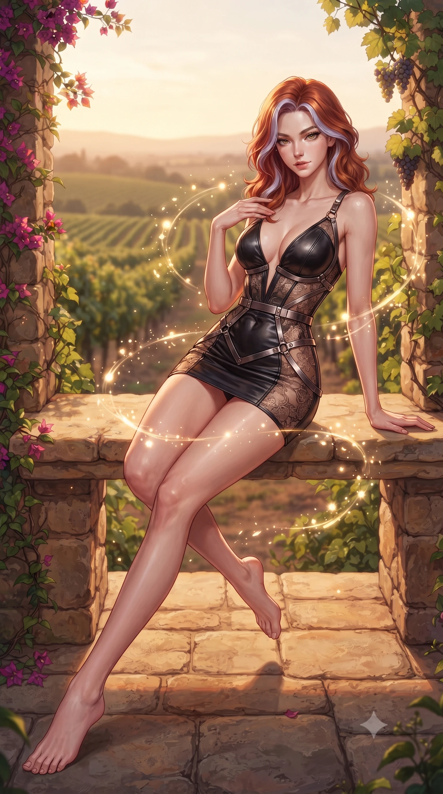 score_9, masterpiece, best quality, ultra-detailed, high-budget anime keyframe, editorial fashion photography, tasteful artistic composition, Caucasian woman. low angle full-body shot from head to toe showing her feet, filling the entire 9:16 vertical frame with her statuesque presence, stretching her vertical silhouette. interacting with glowing light particles, her long slender legs poised in motion, lounging on a stone bench surrounded by climbing bougainvillea and grapevines, rolling vineyard hills fading into a warm hazy sunset horizon in soft focus. She has an absolutely perfect, statuesque 8.5-heads proportion, an exceptionally tall and slender model-like female figure with impossibly long slender legs and an ultra-slim waist. sharp v-shaped jawline, high-bridge nose, intricate jewel-like eyes with depth, thick eyelashes, glossy lips with a natural sheen. wearing deep V-neck corset bodice mini dress with sheer dark lace panels in champagne gold, made of polished black leather, highlighted by a gunmetal metallic harness structure, accentuating her gracefully sculpted slender torso. illuminated by rich amber daylight and warm fill light from stone walls. highly saturated vibrant anime colors, detailed shading with soft gradients, rich glossy textures, high-contrast stereoscopic depth, volumetric dynamic lighting, master piece, 9:16 ratio