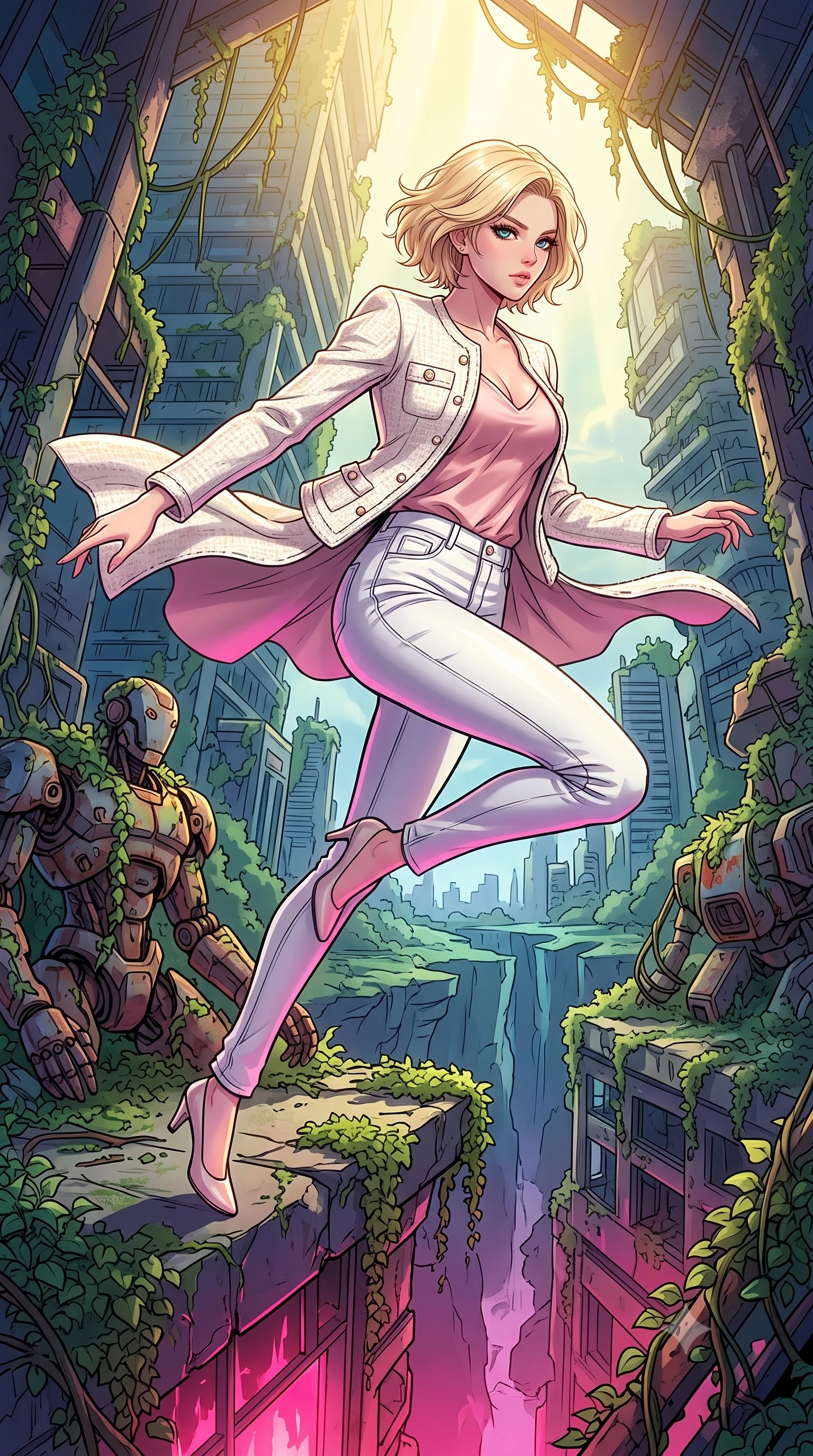 score_9, masterpiece, best quality, ultra-detailed, high-budget anime keyframe, clean line-art, cel-shading, Caucasian woman, strictly human ears. low angle full-body shot from head to toe showing her feet, filling the entire 9:16 vertical frame with her statuesque presence, stretching her vertical silhouette. leaping off a collapsing ledge, twisting her body with flawless athletic balance through ruins of a futuristic city where nature has reclaimed steel structures, vines growing over rusted robotic hulls. She has a statuesque 8.5-heads proportion, an exceptionally tall, slender and willowy model-like build with impossibly long legs and a highly sculpted ultra-slim waist. sharp v-shaped jawline, high-bridge nose, intricate jewel-like eyes with depth, thick eyelashes, glossy lips with a natural sheen. wearing the lightweight fabric rippling and billowing dramatically with her movement, a form-contouring structured ivory tweed jacket with pearl buttons over a blush pink silk camisole and white denim trousers. dramatic contrast of hot pink furnace glow from below and cool golden light from above. highly saturated vibrant anime colors, intense vivid color palette, volumetric dynamic lighting, 2k, ultra detail, master piece, 9:16 ratio