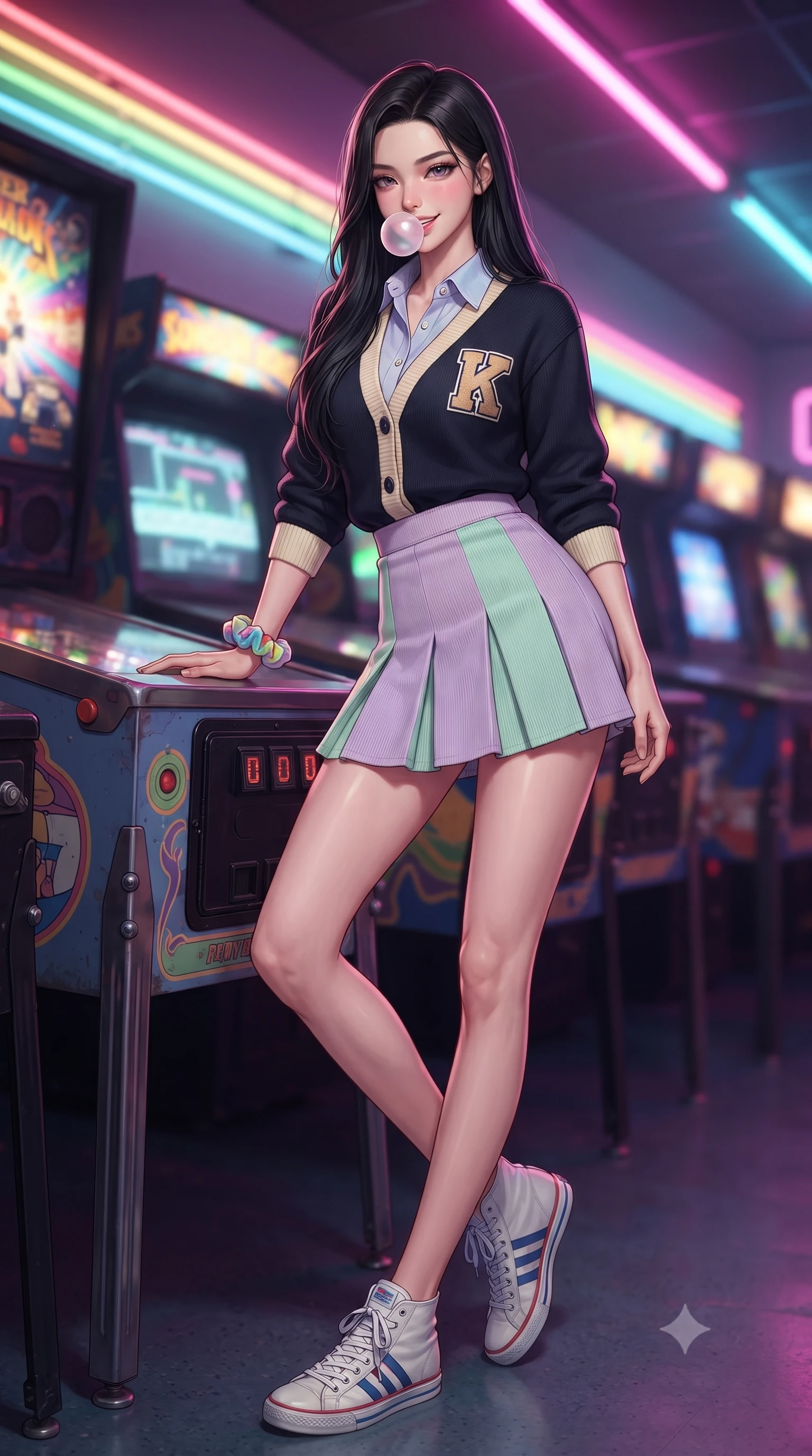 score_9, masterpiece, best quality, ultra-detailed, high-budget anime keyframe, editorial fashion photography, tasteful artistic composition, Korean woman. low angle full-body shot from head to toe showing her feet, filling the entire 9:16 vertical frame with her statuesque presence, stretching her vertical silhouette. pivoting dynamically with supreme athletic balance and poise, her impossibly long slender legs creating a breathtaking line while leaning against a pinball machine with one hip cocked, chewing bubblegum with a playful, teasing smile at the lens. The composition keeps background elements in soft focus with creamy bokeh. flashing CRT arcade screens and glowing marquee game titles blurred into radiant rainbow, electric pink, and cyan bokeh. She has an absolutely perfect, statuesque 8.5-heads proportion, an exceptionally tall and slender model-like female figure with impossibly long slender legs, a toned flat midriff, and an ultra-slim waist. sharp v-shaped jawline, high-bridge nose, intricate jewel-like eyes with depth, thick eyelashes, glossy lips with a natural sheen, captivating and magnetic expression, flawlessly proportioned anatomical accuracy, strict slender model proportions, natural body alignment, perfectly sculpted long slender limbs, ultra-slim waistline, clean dynamic posture without body distortion. wearing a preppy 80s varsity cardigan sweater layered over a crisp collared button-down shirt and a tennis pleated skirt in pastel lilac and mint green, tailored from soft fine-wale corduroy with rich velvety texture, accessorized with a colorful scrunchie on her wrist and classic retro high-top sneakers, the form-contouring material adhering flawlessly to her sculpted flat midriff and slender torso, emphasizing her long leg lines and perfectly proportioned willowy build. bathed in multicolored arcade screen glows and vibrant neon alleyway downlights. ultra-reflective glossy finish, specular highlights, rich textural contrasts, high-contrast stereoscopic depth, volumetric dynamic lighting, 2k, ultra detail, master piece, 9:16 ratio