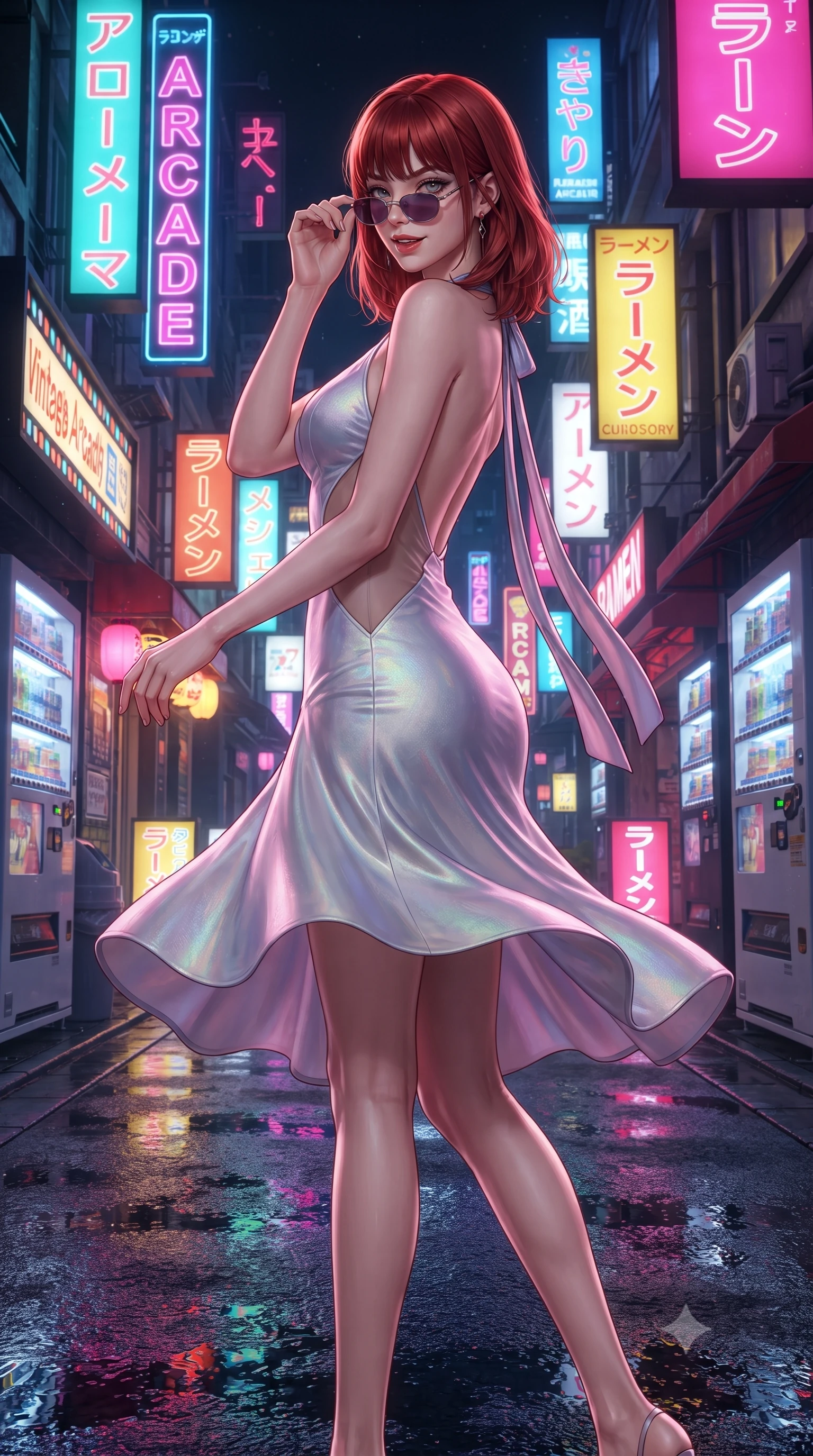 score_9, masterpiece, best quality, ultra-detailed, high-budget anime keyframe, editorial fashion photography, tasteful artistic composition, Caucasian woman. low angle full-body shot from head to toe showing her feet, filling the entire 9:16 vertical frame with her statuesque presence, stretching her vertical silhouette. executing a slow, graceful pivot turn as her skirt sways around her slender legs, glancing back with an enchanting, teasing sensual expression while twisting her slender torso in an alluring contrapposto stance beneath hanging neon signs, fingers adjusting her retro sunglasses with a smirk. The surrounding environment is rendered in vivid detail and crisp panoramic clarity: sharp wet pavement reflection clarity, vintage arcade marquee typography, and vending machine can slots in deep focus. She has an absolutely perfect, statuesque 8.5-heads proportion, an exceptionally tall and slender model-like female figure with impossibly long slender legs, an ultra-slim waist, a flat toned midriff, narrow delicate ribcage, and beautifully sculpted feminine hips creating a graceful, slim hourglass silhouette without any bulky heaviness. sharp v-shaped jawline, high-bridge nose, sparkling eyes with hypnotic seductive depth, thick curled eyelashes, glossy parted lips with a natural dewy peach sheen, alluring bedroom-eyes with an enchanting coquettish smile, exuding magnetic siren charisma and sophisticated glamour, flawlessly proportioned anatomical accuracy, strict slender model proportions, natural body alignment, perfectly sculpted long slender limbs, ultra-slim waistline, clean dynamic posture without body distortion. wearing a deep sweetheart-neckline velvet bodycon dress with sheer side-torso cutouts accentuating her hourglass curves in iridescent mother-of-pearl and misty lavender, tailored from ultra-plush velvet with rich tactile depth and deep shadow gradients, finished with long silk ribbon ties fluttering down her bare spine from a backless halter, the form-contouring silhouette accentuating her sculpted flat midriff, narrow delicate ribcage, and gracefully curvy hips with intoxicating allure. illuminated by puddle specular bounce and sharp magenta rim lights defining her razor-sharp jawline, ultra-slim waist, and curvy hips. ultra-reflective glossy finish, specular highlights, rich textural contrasts, high-contrast stereoscopic depth, volumetric dynamic lighting, 2k, ultra detail, master piece, 9:16 ratio