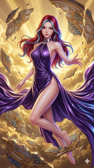 score_9, masterpiece, best quality, ultra-detailed, high-budget anime keyframe, Japanese woman. upper body close-up from the thighs up, character filling the screen for maximum presence. propelling herself off digital baroque ceiling fresco shards th