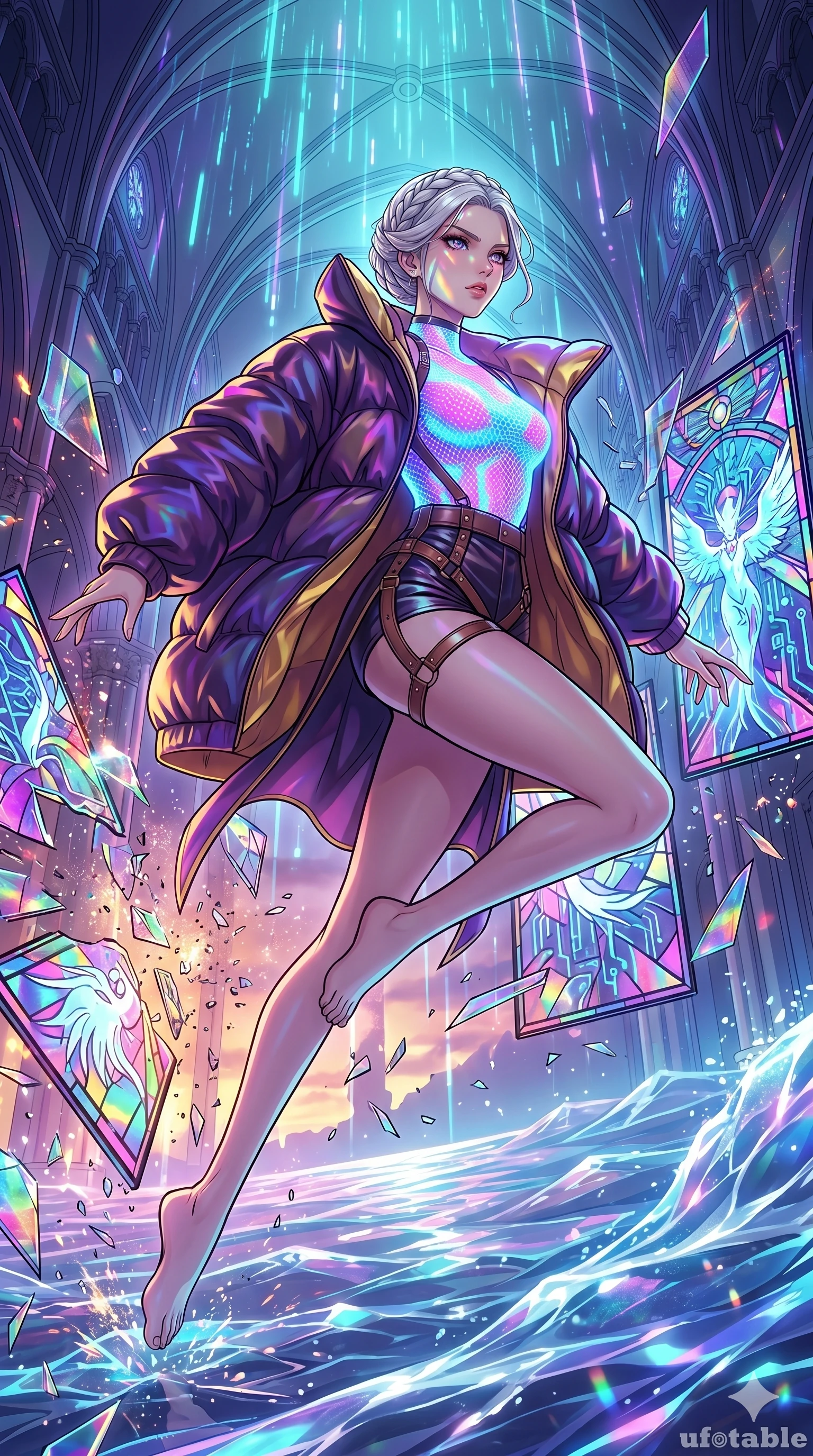 score_9, masterpiece, best quality, ultra-detailed, High-budget Anime Keyframe, vibrant colors, fluid line-art, expressive lighting, cinematic composition, Ufotable-style visual effects, top-tier animation quality, Japanese woman with delicate and elegant anime-inspired features. Dramatic low angle looking up at her majestic stature, dominating the vertical space of the composition. Leaping through the shattered stained glass of a neon-lit futuristic cathedral, her body caught in mid-air as prismatic light fragments explode around her and digital rain falls from the vaulted ceiling. She has an absolutely perfect 8-heads proportion, an exceptionally tall and slender female figure with impossibly long slender legs and an ultra-slim waist, her statuesque height and towering silhouette dominating the vertical 9:16 frame. Her face is a masterpiece featuring a sharp v-shaped jawline, high-bridge nose, intricate jewel-like eyes with depth, thick eyelashes, and glossy lips with a natural sheen. She is wearing a Oversized puffer jacket worn over a micro-shorts and harness set, unzipped to reveal her chest crafted from Fluorescent mesh that glows brightly under neon light, highlighting her silhouette, with a dangerous high slit that showcases her impossibly long slender legs. The scene is set in a vibrant sunset over a futuristic crystalline ocean with waves made of liquid light, illuminated by ethereal moonlight filtering through a crystalline canopy, creating soft highlights. 2k, ultra detail, master piece, 9:16 ratio