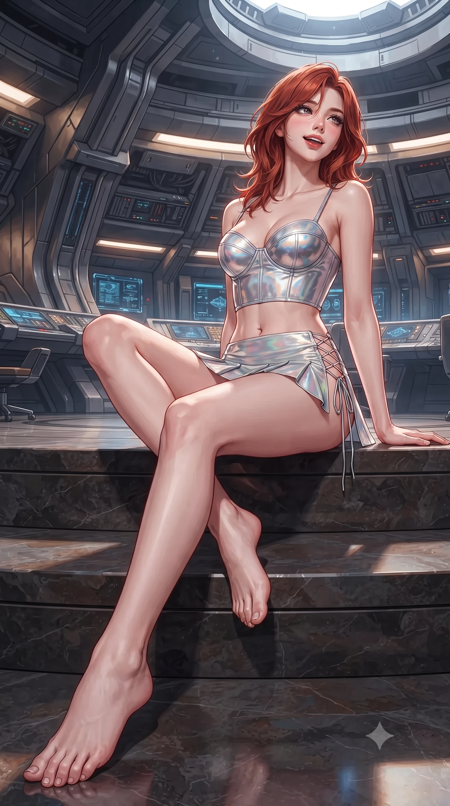 score_9, masterpiece, best quality, ultra-detailed, high-budget anime keyframe, editorial fashion photography, tasteful artistic composition, Korean woman. low angle full-body shot from head to toe showing her feet, filling the entire 9:16 vertical frame with her statuesque presence, stretching her vertical silhouette. sitting poised on the stone steps with one knee bent, arching her spine with supermodel elegance as she glances upward through thick eyelashes while sitting gracefully on the ergonomic captain chair with legs crossed, flashing an enchanting smile with parted glossy lips as light bends around her. The surrounding environment is rendered in vivid detail and crisp panoramic clarity: detailed garment tailoring, futuristic hardware accents, and monumental interstellar starship architecture in high resolution. She has an exceptionally tall and slender model-like 8.5-heads proportion, an ultra-slim waist, a flat toned midriff, narrow delicate ribcage, and beautifully sculpted feminine hips creating a graceful, slim hourglass silhouette without any bulky heaviness, with impossibly long slender legs. sharp v-shaped jawline, high-bridge nose, intricate jewel-like sparkling eyes with depth, thick eyelashes, glossy parted lips with a natural peach sheen, bright cheerful beaming smile with an enchanting and coquettish sensual glint, exuding both youthful cute charm and seductive allure, flawlessly proportioned anatomical accuracy, strict slender model proportions, natural body alignment, perfectly sculpted long slender limbs, ultra-slim waistline, clean dynamic posture without body distortion. wearing a chrome-plated structured underwire bustier top paired with an ultra-short low-rise pleated micro mini skirt in iridescent mother-of-pearl and liquid molten silver, crafted from stretch micro-mesh with liquid foil coating that shimmers with every movement, featuring fine criss-cross lace-up side ties revealing tantalizing glimpses of her hip curve, the second-skin tailored fabric adhering flawlessly to her sculpted flat midriff and slender torso, emphasizing her long leg lines and perfectly proportioned willowy build. illuminated by console screen bounce and sharp relativistic gold rim lights defining her razor-sharp jawline, narrow waist, and curvy hips. ultra-reflective glossy finish, specular highlights, rich textural contrasts, high-contrast stereoscopic depth, volumetric dynamic lighting, 2k, ultra detail, master piece, 9:16 ratio