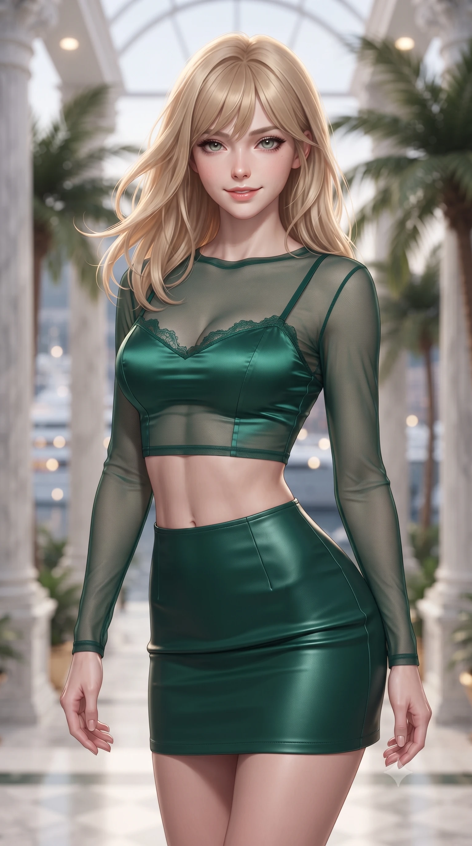 score_9, masterpiece, best quality, ultra-detailed, high-budget anime keyframe, editorial fashion photography, tasteful artistic composition, Japanese woman. close-up cowboy shot from the waist and thighs up, the character dominates the composition, filling the frame with her large presence. turning slowly with an enchanting smoldering smile, her glossy hair tossing in the breeze as her hips angle gracefully in a captivating contrapposto while twisting her slender torso in an alluring S-curve, soft conservatory downlights and harbor reflections tracing her flat midriff and hips. The background shows a soft-focus towering white Carrara marble fluted columns, exotic indoor palm trees, and Port Hercules superyacht lights outside blurred into marble-white, emerald, and gold bokeh. She has an exceptionally elegant, slender, and willowy female figure with an ultra-slim waist, flat toned midriff, narrow ribcage, and sculpted feminine hips creating an alluring, slim hourglass silhouette without bulk. sharp v-shaped jawline, high-bridge nose, sparkling eyes with hypnotic seductive depth, thick curled eyelashes, glossy parted lips with a natural dewy peach sheen, alluring bedroom-eyes with an enchanting coquettish smile, exuding magnetic siren charisma and sophisticated glamour, flawlessly proportioned anatomical accuracy, strict slender model proportions, natural body alignment, perfectly sculpted long slender limbs, ultra-slim waistline, clean dynamic posture without body distortion. wearing a sheer mesh long-sleeve crop top over an opaque strappy micro-bralette and a sleek leatherette mini skirt in Monaco casino emerald and royal champagne, crafted from fluid liquid silk satin that clings smoothly to every curve with a dewy sheen, finished with scalloped eyelash lace trim framing her sweetheart neckline with intimate elegance, the form-contouring silhouette accentuating her sculpted flat midriff, narrow delicate ribcage, and gracefully curvy hips with intoxicating allure. bathed in soft warm 3000K recessed architectural column downlights mixed with cool harbor ambient fill. ultra-reflective glossy finish, specular highlights, rich textural contrasts, high-contrast stereoscopic depth, volumetric dynamic lighting, 2k, ultra detail, master piece, 9:16 ratio