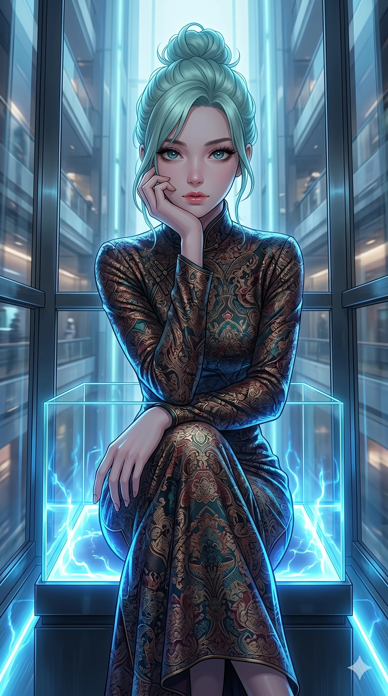 score_9, masterpiece, best quality, ultra-detailed, high-budget anime keyframe, editorial fashion photography, tasteful artistic composition, Japanese woman. cowboy shot from the thighs up, character and outfit filling the frame for maximum editorial presence. sitting close to the hearth, resting her chin on her hand, looking directly into the camera with bedroom-eyes in a luxury high-rise glass elevator ascending a glowing vertical atrium (Code-P17-015). She has an absolutely perfect 8-heads proportion, an exceptionally tall and slender female figure with impossibly long slender legs and an ultra-slim waist. V-shaped jawline, high-bridge nose, intricate jewel-like eyes with depth, thick eyelashes, glossy lips with a natural sheen. wearing a modern high-neck traditional cheongsam dress with long sleeves. lit from below by pulsing electric blue plasma arc lighting, tracing the contours of her body. 2k, ultra detail, master piece, 9:16 ratio