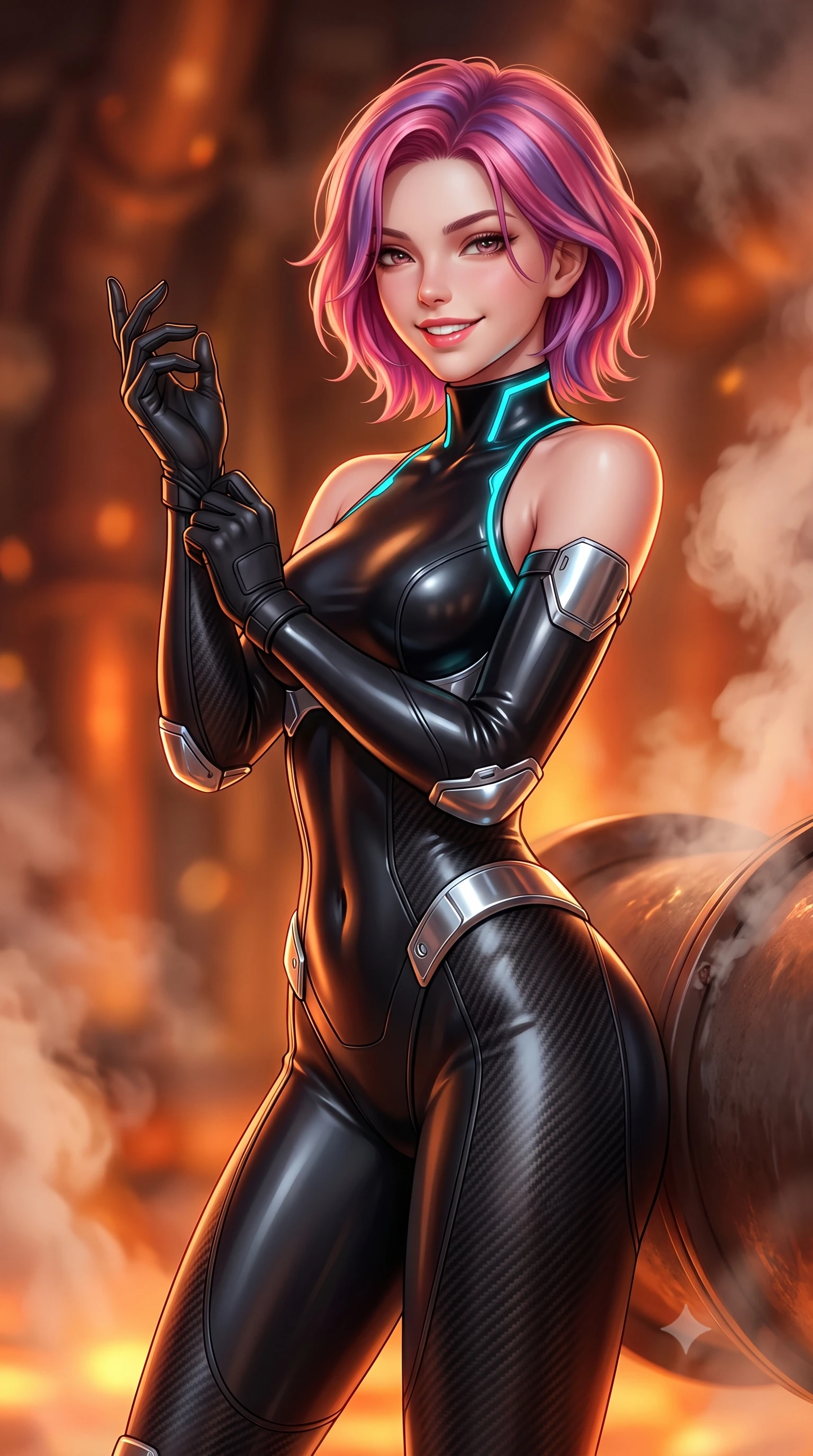 score_9, masterpiece, best quality, ultra-detailed, high-budget anime keyframe, semi-realistic 3D game render, editorial fashion photography, tasteful artistic composition, Caucasian woman. close-up cowboy shot from the waist and thighs up, the character dominates the composition, filling the frame with her large presence. adjusting her tactical glove with cool confidence, her bright smile capturing fresh girlhood charm while her arched torso reveals an intoxicating hip contour while leaning against a massive steam-venting pipe with hips cocked back, looking over a bare shoulder with an alluring, fiery bedroom-gaze. The background shows a soft-focus roaring geothermal plasma conduits and swirling subterranean steam blurred into fiery orange, amber, and deep copper bokeh. She has an exceptionally elegant, slender, and willowy female figure with an ultra-slim waist, flat toned midriff, narrow ribcage, and sculpted feminine hips creating an alluring, slim hourglass silhouette without bulk. sharp v-shaped jawline, high-bridge nose, intricate jewel-like sparkling eyes with depth, thick eyelashes, glossy parted lips with a natural sheen, bright confident smile with an enchanting and coquettish sensual glint, exuding both youthful magnetic charm and sovereign high-tech allure, flawlessly proportioned anatomical accuracy, strict slender model proportions, natural body alignment, perfectly sculpted long slender limbs, ultra-slim waistline, clean dynamic posture without body distortion. wearing a form-contouring cybernetic combat suit in matte black latex and carbon fiber, tracing her willowy silhouette with a high neck in matte obsidian black and glowing neon cyan trim, made of smooth liquid latex with high-contrast stereoscopic depth and wet shine, accented with strategically placed chrome armor plate guards covering key curves, the liquid-tight tailored fabric clinging flawlessly to her narrow waist and rounded feminine hips, emphasizing every millimeter of her sculpted slim hourglass curves without any bulky heaviness. illuminated by floor warning lights and sharp copper rim lighting sculpting her razor-sharp jawline, narrow waist, and curvy hips. highly saturated vibrant anime colors, detailed shading with soft gradients, rich glossy textures, high-contrast stereoscopic depth, volumetric dynamic lighting, master piece, 9:16 ratio