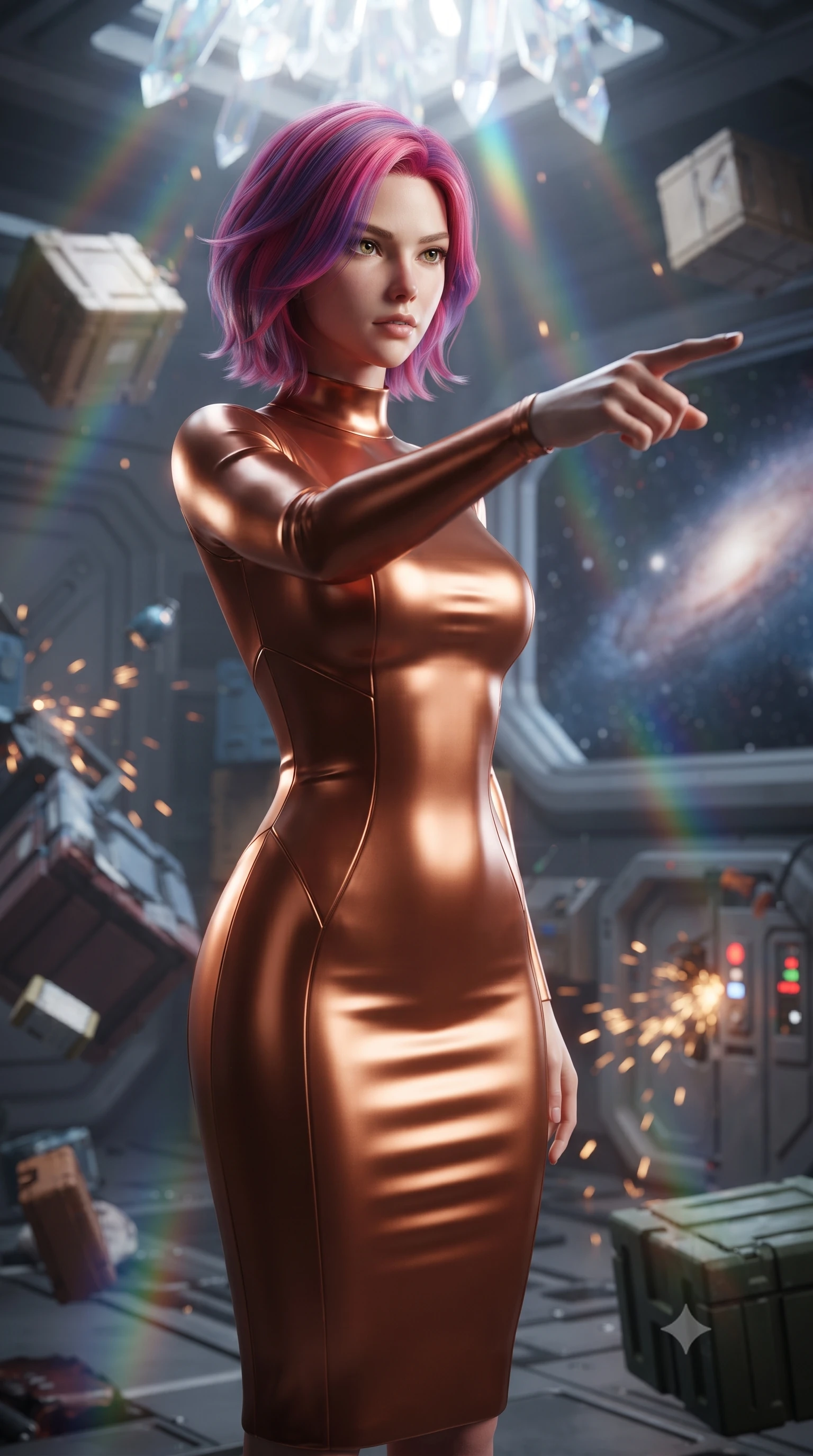 score_9, masterpiece, best quality, ultra-detailed, high-budget anime keyframe, editorial fashion photography, tasteful artistic composition, realistic cosplay photography, Caucasian woman, strictly human ears. close-up cowboy shot from the waist and thighs up, the character dominates the composition, filling the frame with her large presence, background elements kept in soft focus. Commanding the starship crew with a decisive gesture, pointing toward the galactic viewscreen. set against a soft-focus background of a starship cargo bay with shipping crates floating in zero gravity, sparks flying from damaged door controls. She has an exceptionally elegant and slender, willowy female figure with an ultra-slim waist, a gracefully sculpted slender torso, and a refined slim physique. sharp v-shaped jawline, high-bridge nose, intricate jewel-like eyes with depth, thick eyelashes, glossy lips with a natural sheen. wearing tailored for maximum mobility, sleek form-contouring panels that allow fluid movement, a tailored form-fitting mock-neck midi dress in liquid copper silk, highlighting her slender build and elegant proportions. cascading rainbow prismatic light refracting through crystal formations overhead. ultra-reflective glossy finish, specular highlights, metallic sheen, high-contrast stereoscopic depth, volumetric dynamic lighting, 2k, ultra detail, master piece, 9:16 ratio