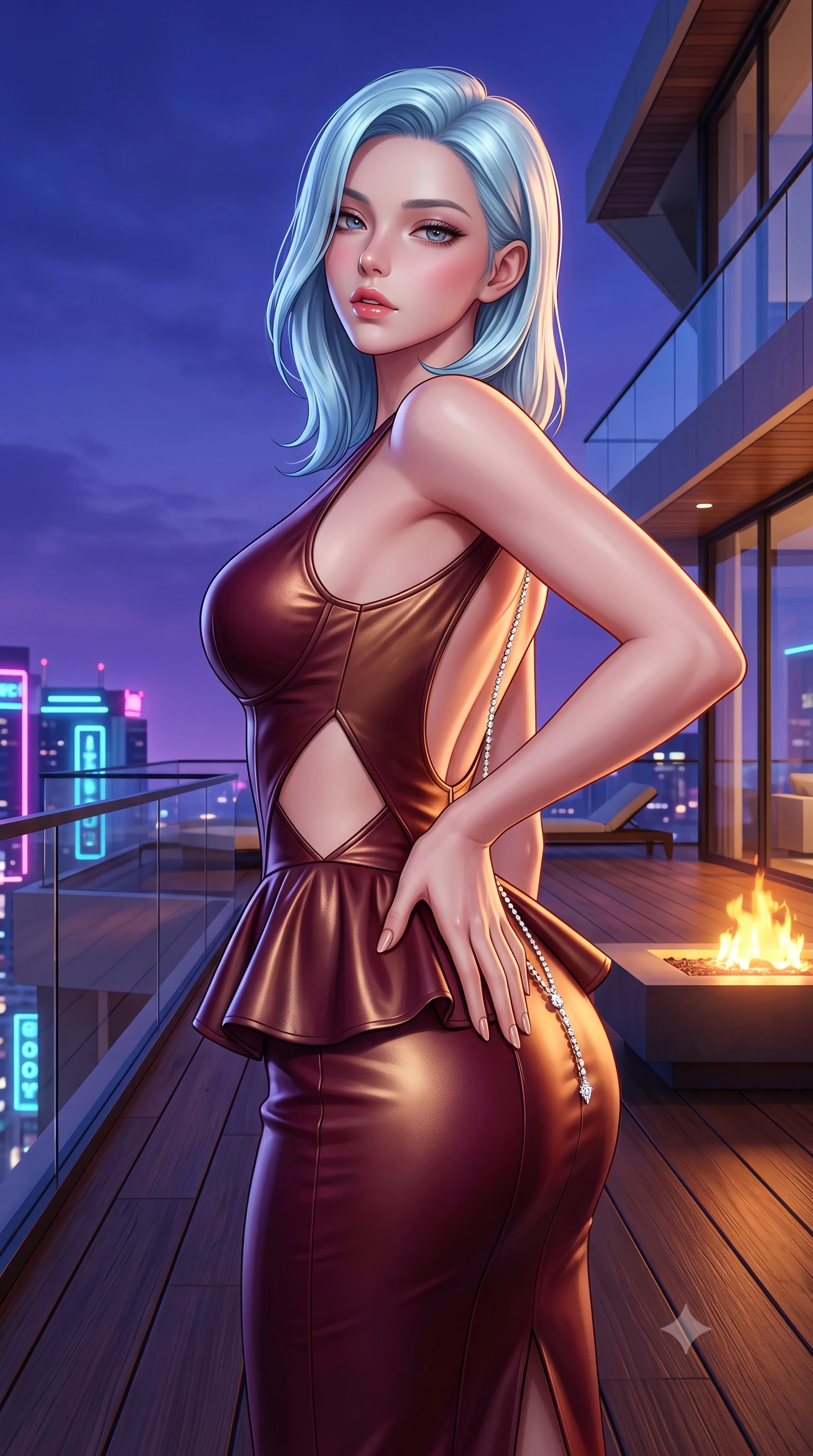 score_9, masterpiece, best quality, ultra-detailed, high-budget anime keyframe, semi-realistic 3D game render, editorial fashion photography, tasteful artistic composition, Korean woman. close-up cowboy shot from the waist and thighs up, the character dominates the composition, filling the frame with her large presence. resting one manicured hand delicately on her hip bone, her upper body turning in a fluid, seductive S-curve while parted lips glisten in the light while pivoting gracefully on the polished balcony deck with hips shifted in a pronounced contrapposto stance, parted glossy lips reflecting city neon. The surrounding environment is rendered in vivid detail and crisp panoramic clarity. crystal-clear penthouse glass railings, modern teak wood decking, and sharp architectural angles in deep focus. She has an exceptionally elegant, slender, and willowy female figure with an ultra-slim waist, a gracefully sculpted slender torso, toned flat midriff, and rounded feminine hips creating an alluring hourglass silhouette. sharp v-shaped jawline, high-bridge nose, intricate jewel-like eyes with depth, thick eyelashes, glossy parted lips with a natural sheen, intensely captivating and seductive bedroom-eyes expression, flawlessly proportioned anatomical accuracy, strict slender model proportions, natural body alignment, perfectly sculpted long slender limbs, ultra-slim waistline, clean dynamic posture without body distortion. wearing a modern peplum corset dress with side-waist diamond cutouts and an ultra-tight silhouette in rich wine burgundy and liquid bronze, crafted from second-skin supple lambskin leather with specular sheen, accented with a glittering diamond back chain tracing her bare spine down to her hip line, the dramatically scooped open back descending to the base of her spine, accentuating her razor-sharp statuesque lines and curvy hourglass silhouette. bathed in twilight indigo sky tones and warm amber rooftop fire pit glow. highly saturated vibrant anime colors, detailed shading with soft gradients, rich glossy textures, high-contrast stereoscopic depth, volumetric dynamic lighting, master piece, 9:16 ratio