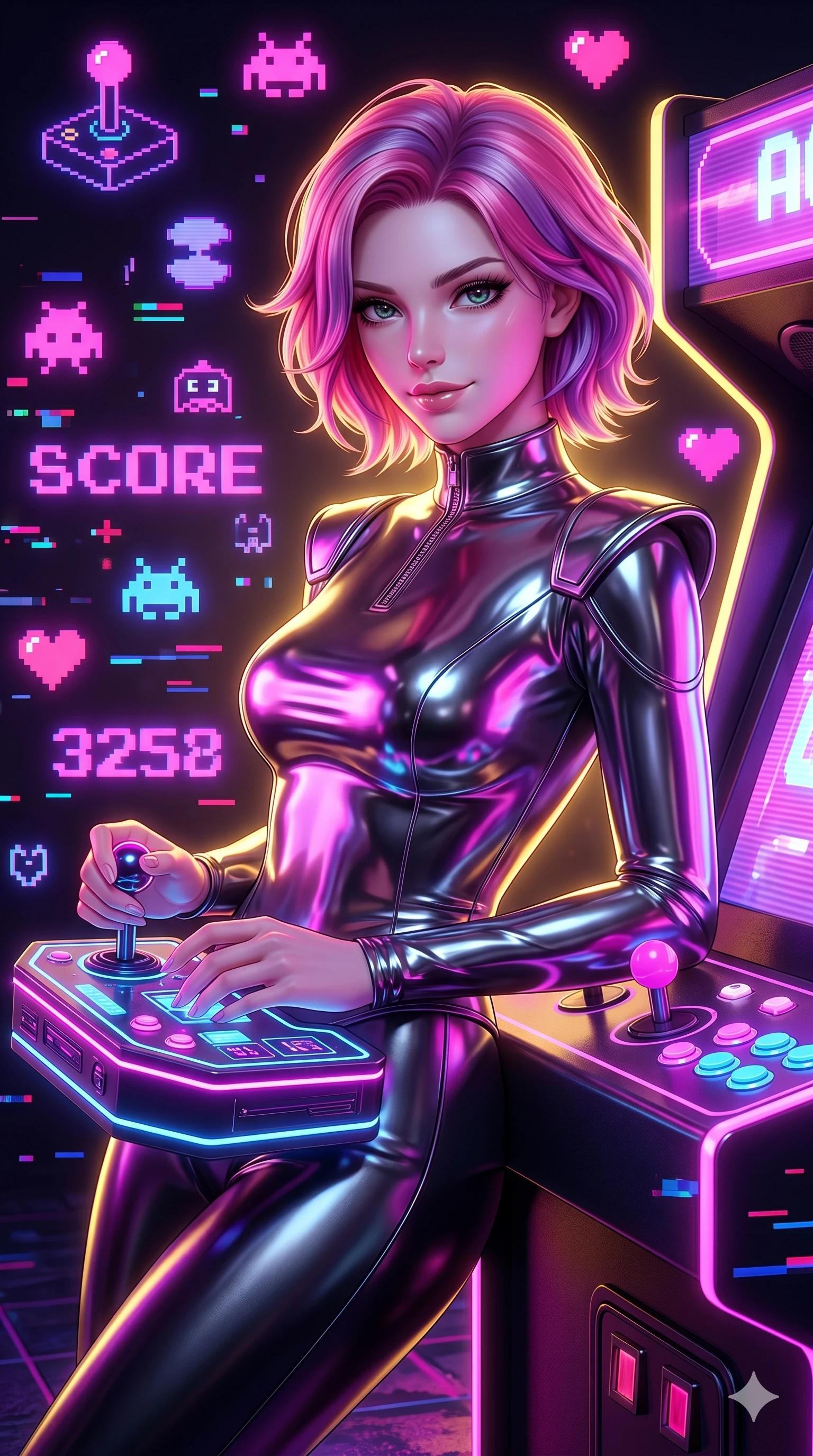 score_9, masterpiece, best quality, ultra-detailed, high-budget anime keyframe, semi-realistic 3D game render, Caucasian woman, strictly human ears. Upper body close-up from the thighs up, character filling the screen for maximum presence. She is leaning back against a glowing retro arcade cabinet, surrounded by floating pixelated neon icons. She holds a glowing joystick with a teasing, commanding smile. She has an absolutely perfect 8-heads proportion, a tall and elegant figure with a refined silhouette and a defined waistline. V-shaped jawline, high-bridge nose, intricate jewel-like eyes with depth, thick eyelashes, glossy lips with a natural sheen. She is wearing a sleek tailored top in liquid-chrome finish that complements her silhouette, styled with sophisticated architectural shoulder accents and a modern zip collar. The scene is illuminated by bright pink and violet neon screen glare and a sharp yellow ambient rim light. 2k, ultra detail, master piece, 9:16 ratio