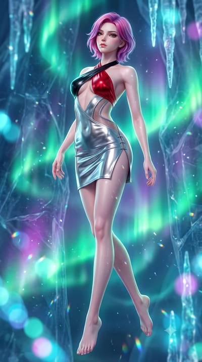 score_9, masterpiece, best quality, ultra-detailed, high-budget anime keyframe, semi-realistic 3D game render, editorial fashion photography, tasteful artistic composition, Caucasian woman. low angle full-body shot from head to toe showing her feet, 