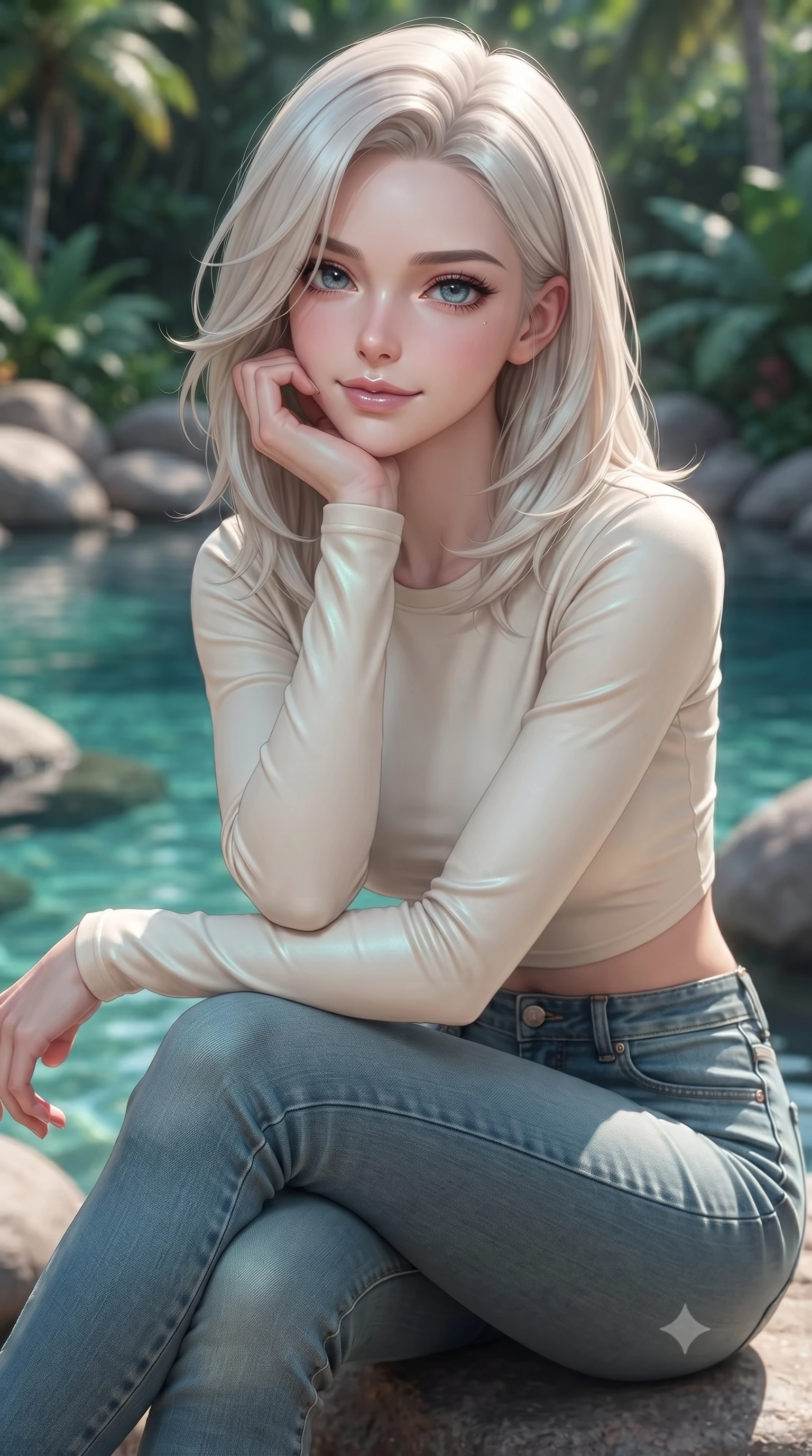 score_9, masterpiece, best quality, ultra-detailed, high-budget anime keyframe, editorial fashion photography, tasteful artistic composition, Caucasian woman woman. close-up cowboy shot from the waist and thighs up, the character dominates the composition, filling the frame with her large presence, background elements kept in soft focus. resting her chin on her hand, looking out at the beautiful scenery with a soft smile the background shows a soft-focus the shore of a hidden calm lagoon surrounded by smooth boulders and tropical plants. She has an exceptionally elegant, slender, and willowy female figure with an ultra-slim waist, a gracefully sculpted slender torso, and a refined silhouette. sharp v-shaped jawline, high-bridge nose, intricate jewel-like eyes with depth, thick eyelashes, glossy lips with a natural sheen. wearing a tailored body-hugging long-sleeve crop top in cream cotton paired with high-waisted skinny jeans. soft teal water-shine reflecting onto her skin and outfit. ultra-reflective glossy finish, specular highlights, metallic sheen, high-contrast stereoscopic depth, volumetric dynamic lighting, 2k, ultra detail, master piece, 9:16 ratio