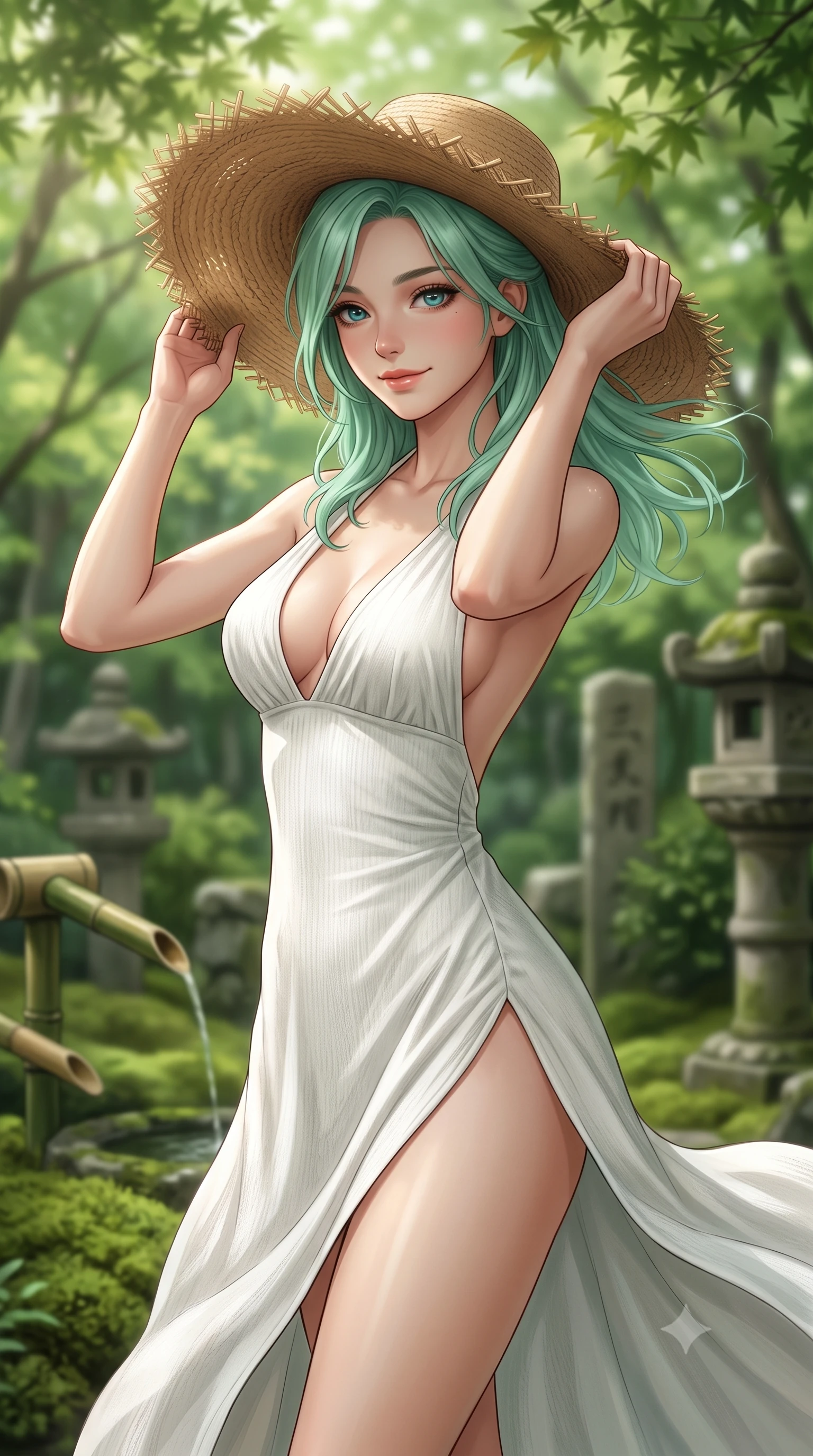 score_9, masterpiece, best quality, ultra-detailed, high-budget anime keyframe, editorial fashion photography, tasteful artistic composition, Japanese woman woman. close-up cowboy shot from the waist and thighs up, the character dominates the composition, filling the frame with her large presence, background elements kept in soft focus. holding a wide-brimmed straw hat with both hands against the breeze, looking down with a soft smile the background shows a soft-focus a green moss garden of a traditional Zen temple, with stone lanterns and bamboo water pipes. She has an exceptionally elegant, slender, and willowy female figure with an ultra-slim waist, a gracefully sculpted slender torso, and a refined silhouette. sharp v-shaped jawline, high-bridge nose, intricate jewel-like eyes with depth, thick eyelashes, glossy lips with a natural sheen. wearing a body-hugging high-slit resort dress in white cotton featuring a plunging neckline and open back. soft, diffused green light filtering through the maple tree canopy. 2k, ultra detail, master piece, 9:16 ratio