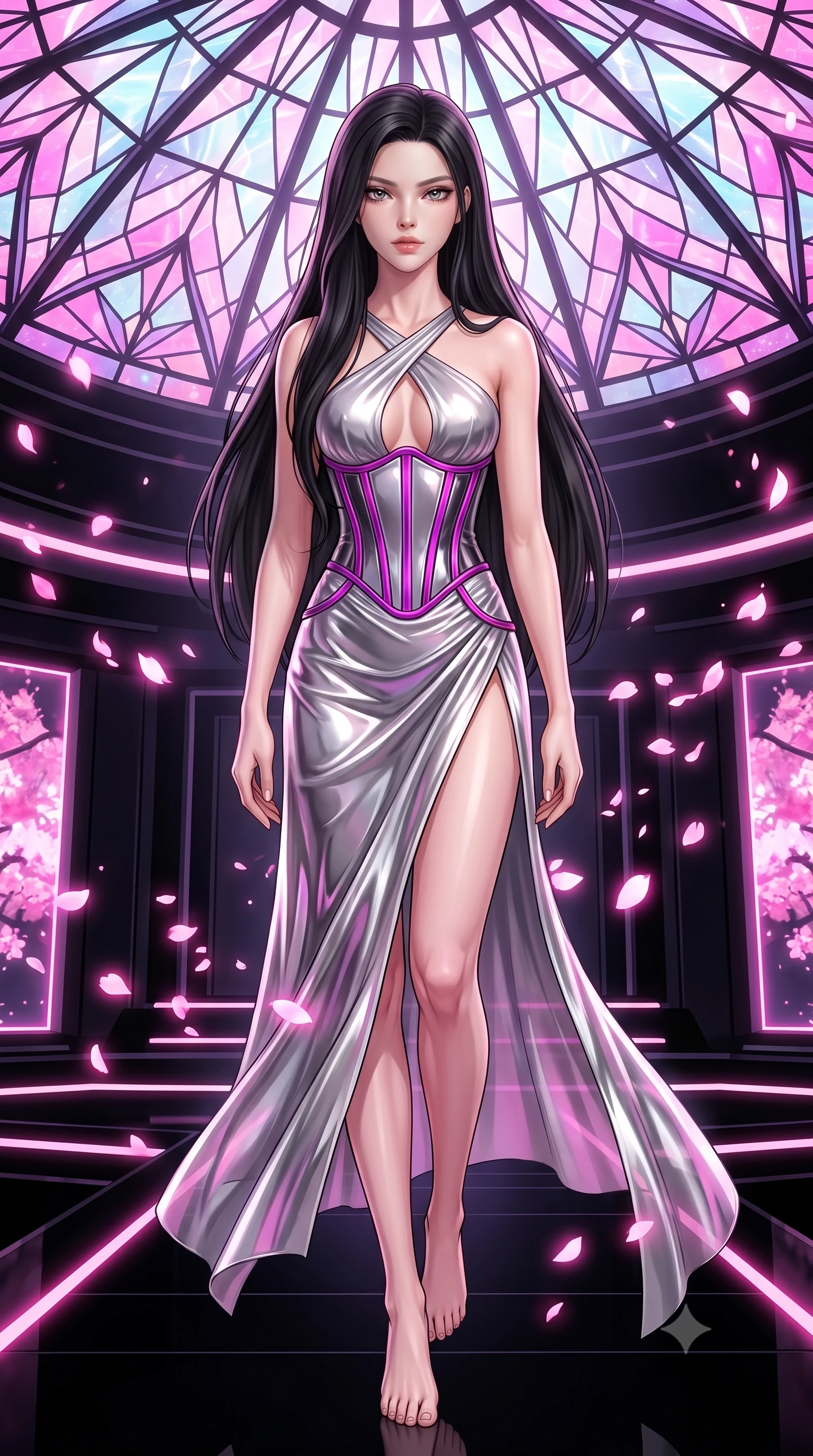 score_9, masterpiece, best quality, ultra-detailed, high-budget anime keyframe, semi-realistic 3D game render, editorial fashion photography, tasteful artistic composition, Korean woman. low angle full-body shot from head to toe showing her feet, filling the entire 9:16 vertical frame with her statuesque presence, stretching her vertical silhouette. performing an alluring mid-air vault with flawless poise, looking directly into the camera with regal, divine intensity while striding gracefully beneath a soaring geometric cybernetic stained-glass dome as glowing pink digital sakura petals swirl around her. The surrounding environment is rendered in vivid detail and crisp panoramic clarity. vibrant contrast between rich digital pinks, obsidian black surfaces, and neon light in panoramic sharpness. She has an absolutely perfect, statuesque 8.5-heads proportion, an exceptionally tall and slender model-like female figure with impossibly long slender legs, a toned flat midriff, and an ultra-slim waist. sharp v-shaped jawline, high-bridge nose, intricate jewel-like eyes with depth, thick eyelashes, glossy lips with a natural sheen, flawlessly proportioned anatomical accuracy, strict slender model proportions, natural body alignment, perfectly sculpted long slender limbs, ultra-slim waistline, clean dynamic posture without body distortion. wearing a backless molten silver liquid-metal gown with a high-cut side slit and precision-fitted waist boning in vibrant electric magenta and ultra-reflective dark titanium, crafted from delicate iridescent organza interwoven with luminescent micro-fibers, complemented by criss-cross back straps highlighting her completely bare spine, the precision-cut daring openings accentuating her delicate midriff, graceful bare collarbones, and ultra-slim feminine waistline. surrounded by an exotic, romantic, and breathtakingly stylish cyber-goddess aura. rich saturated anime colors with glowing neon highlights, detailed shading with soft gradients, rich glossy textures, high-contrast stereoscopic depth, volumetric dynamic lighting, master piece, 9:16 ratio