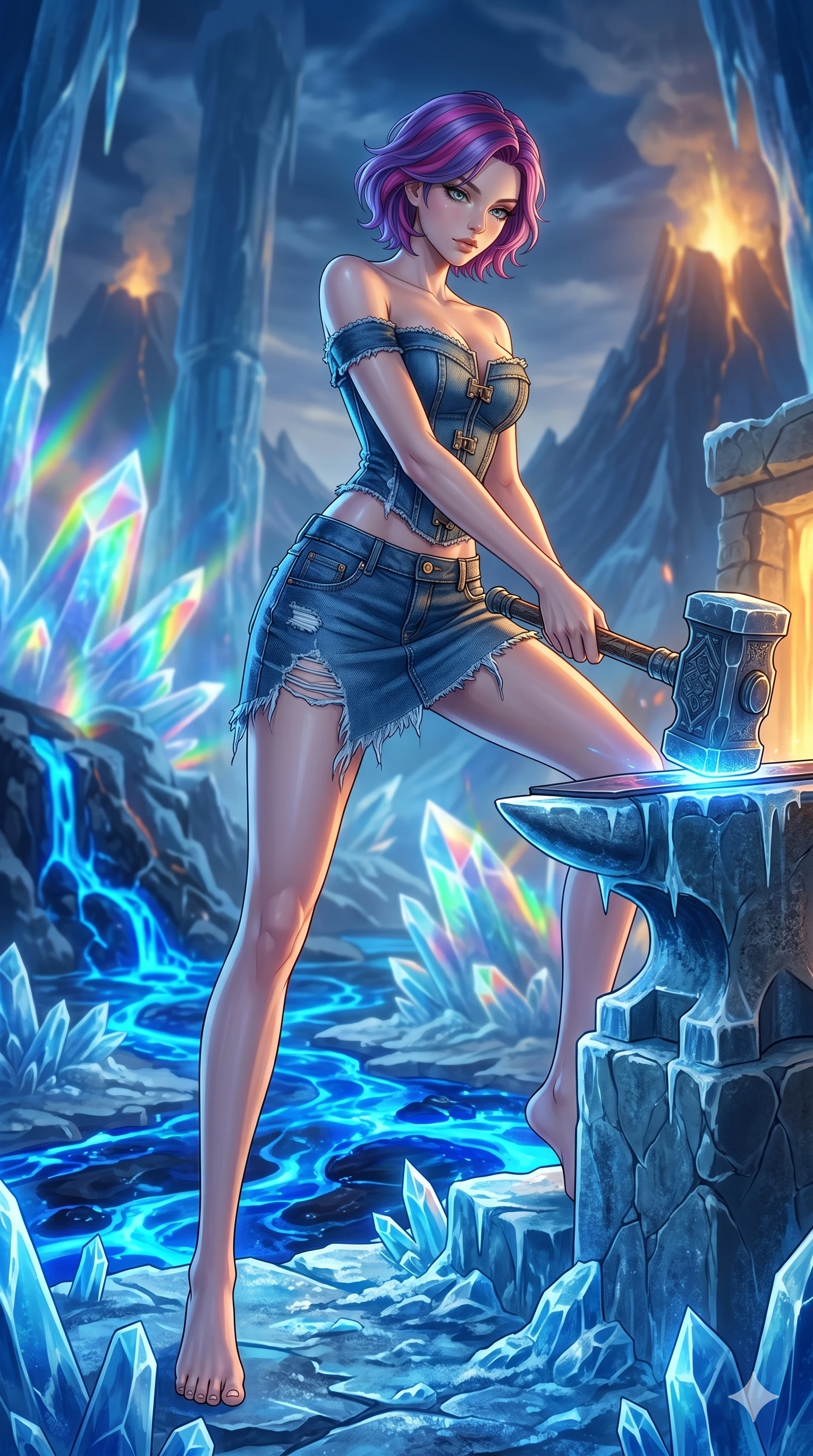 score_9, masterpiece, best quality, ultra-detailed, high-budget anime keyframe, Caucasian woman, strictly human ears. low angle full-body shot filling the entire 9:16 frame with her statuesque presence, stretching the vertical silhouette. forging in a prismatic ice-volcano temple where glowing cobalt-blue liquid magma flows between frozen blue ash crystals. She has an absolutely perfect 8-heads proportion, an exceptionally tall and slender female figure with impossibly long slender legs and an ultra-slim waist. V-shaped jawline, high-bridge nose, intricate jewel-like eyes with depth, thick eyelashes, glossy lips with a natural sheen.. wearing a deconstructed denim corset and an asymmetric ripped denim micro-skirt, showcasing a rugged yet chic off-shoulder style. accented by dynamic color-blocked lighting with high-contrast shadows emphasizing her statuesque height. 2k, ultra detail, master piece, 9:16 ratio