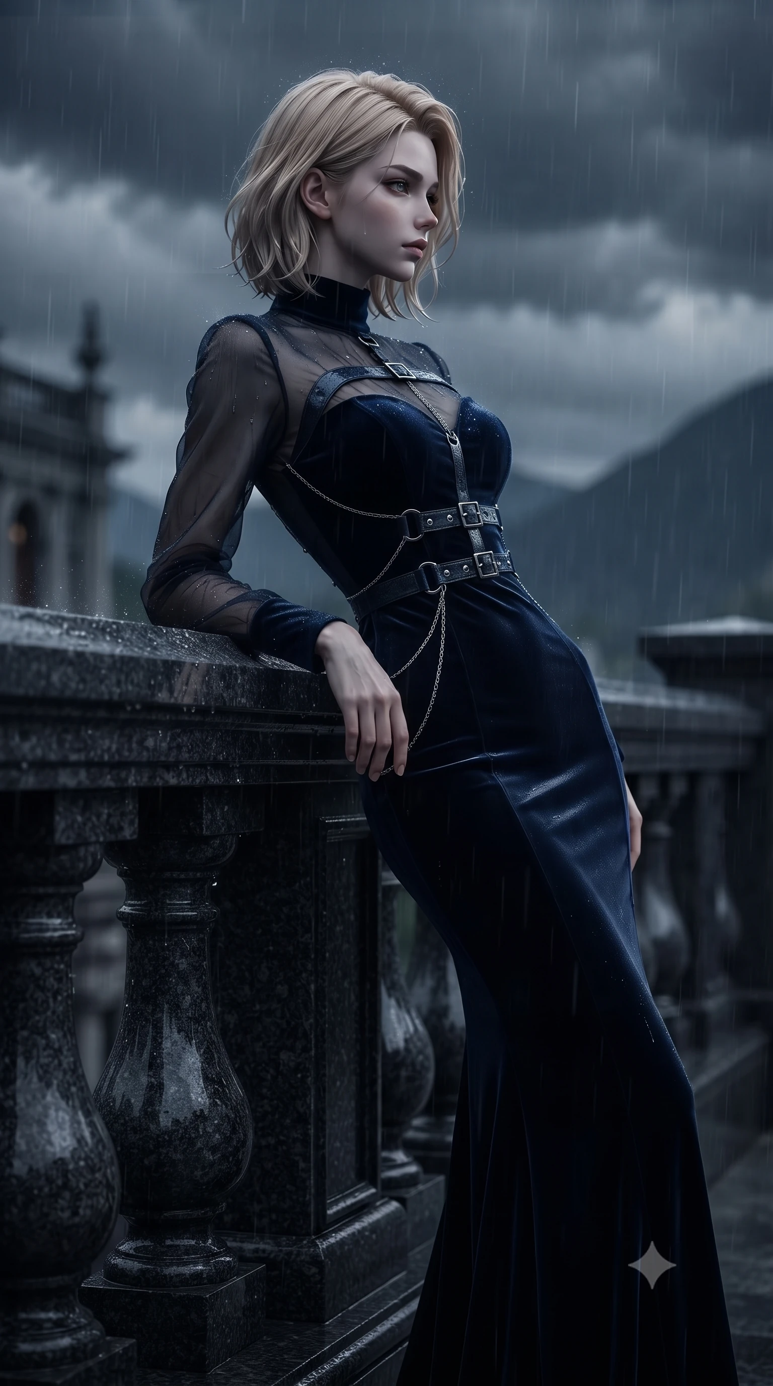score_9, masterpiece, best quality, ultra-detailed, high-budget anime keyframe, editorial fashion photography, tasteful artistic composition, Caucasian woman. close-up cowboy shot from the waist and thighs up, the character dominates the composition, filling the frame with her large presence, background elements kept in soft focus. Turning her face in sharp dramatic profile against the moody key light, resting against a carved black granite railing under rolling dark thunderclouds, rain glistening on dark stone parapets and her sleek outfit. She has an exceptionally elegant, slender, and willowy female figure with an ultra-slim waist, a gracefully sculpted slender torso, and a refined silhouette. sharp v-shaped jawline, high-bridge nose, intricate jewel-like eyes with depth, thick eyelashes, glossy lips with a natural sheen. wearing floor-length high-neck midnight navy velvet gown with long sleeves in midnight navy blue, made of sheer dark organza overlay, framed by dark titanium buckles and silver chain details, following her slender form with tailored precision. bathed in cold silvery rain-soaked key light and deep dark shadows. ultra-reflective glossy finish, specular highlights, metallic sheen, high-contrast stereoscopic depth, volumetric dynamic lighting, 2k, ultra detail, master piece, 9:16 ratio