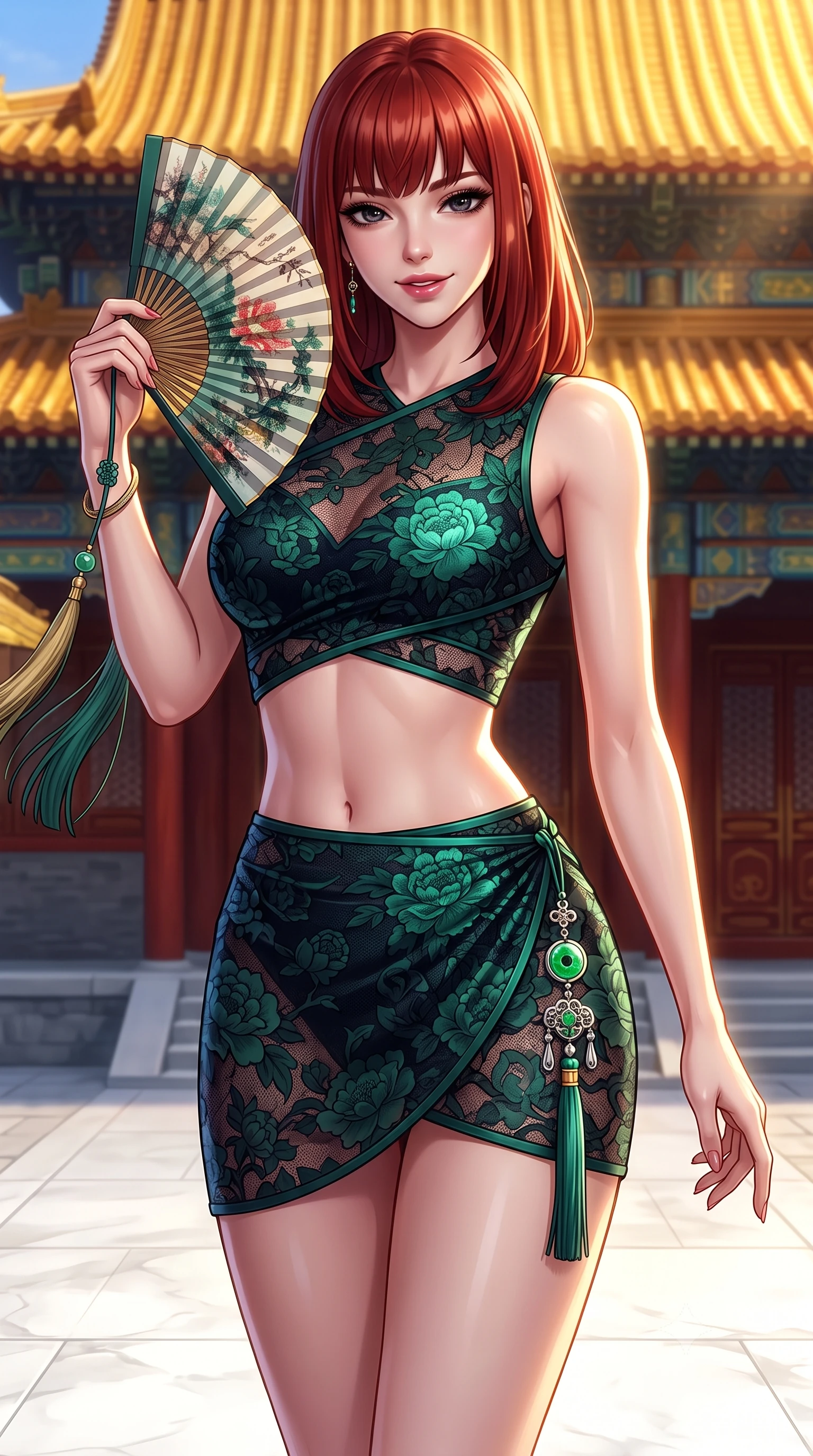 score_9, masterpiece, best quality, ultra-detailed, high-budget anime keyframe, semi-realistic 3D game render, editorial fashion photography, tasteful artistic composition, Caucasian woman. close-up cowboy shot from the waist and thighs up, the character dominates the composition, filling the frame with her large presence. playfully unfurling a painted silk fan toward the lens, her radiant smile capturing fresh girlhood charm while her arched torso reveals an intoxicating hip contour while twisting her slender torso in an alluring contrapposto stance, twilight golden rays reflecting off imperial yellow glazed roof tiles onto her curves. The surrounding environment is rendered in vivid detail and crisp panoramic clarity: detailed gold-threaded silk gown sheen, jewelry gleam, and classical Chinese imperial architecture in high resolution. She has an exceptionally elegant, slender, and willowy female figure with an ultra-slim waist, flat toned midriff, narrow ribcage, and sculpted feminine hips creating an alluring, slim hourglass silhouette without bulk. sharp v-shaped jawline, high-bridge nose, intricate jewel-like dark sparkling almond eyes with depth, thick lashes, glossy parted lips with a natural rose-plum sheen, bright alluring and coquettish smile with bedroom-eyes, exuding both timeless oriental elegance and sovereign high-fashion allure, flawlessly proportioned anatomical accuracy, strict slender model proportions, natural body alignment, perfectly sculpted long slender limbs, ultra-slim waistline, clean dynamic posture without body distortion. wearing a sleek two-piece set featuring an asymmetric cross-over crop top and a wrap-around micro skirt tracing her hips in deep midnight obsidian and luminous imperial jade green, woven from delicate semi-opaque floral lace with oriental peony patterns, finished with an ornate modern norigae tassel with polished jade and chrome charms resting on her curvy hips, the liquid-tight tailored silk fabric clinging flawlessly to her narrow waist and rounded feminine hips, emphasizing every millimeter of her sculpted slim hourglass curves without any bulky heaviness. illuminated by white marble ground bounce and sharp imperial-gold rim lighting defining her razor-sharp jawline, narrow waist, and curvy hips. highly saturated vibrant anime colors, detailed shading with soft gradients, rich glossy textures, high-contrast stereoscopic depth, volumetric dynamic lighting, master piece, 9:16 ratio