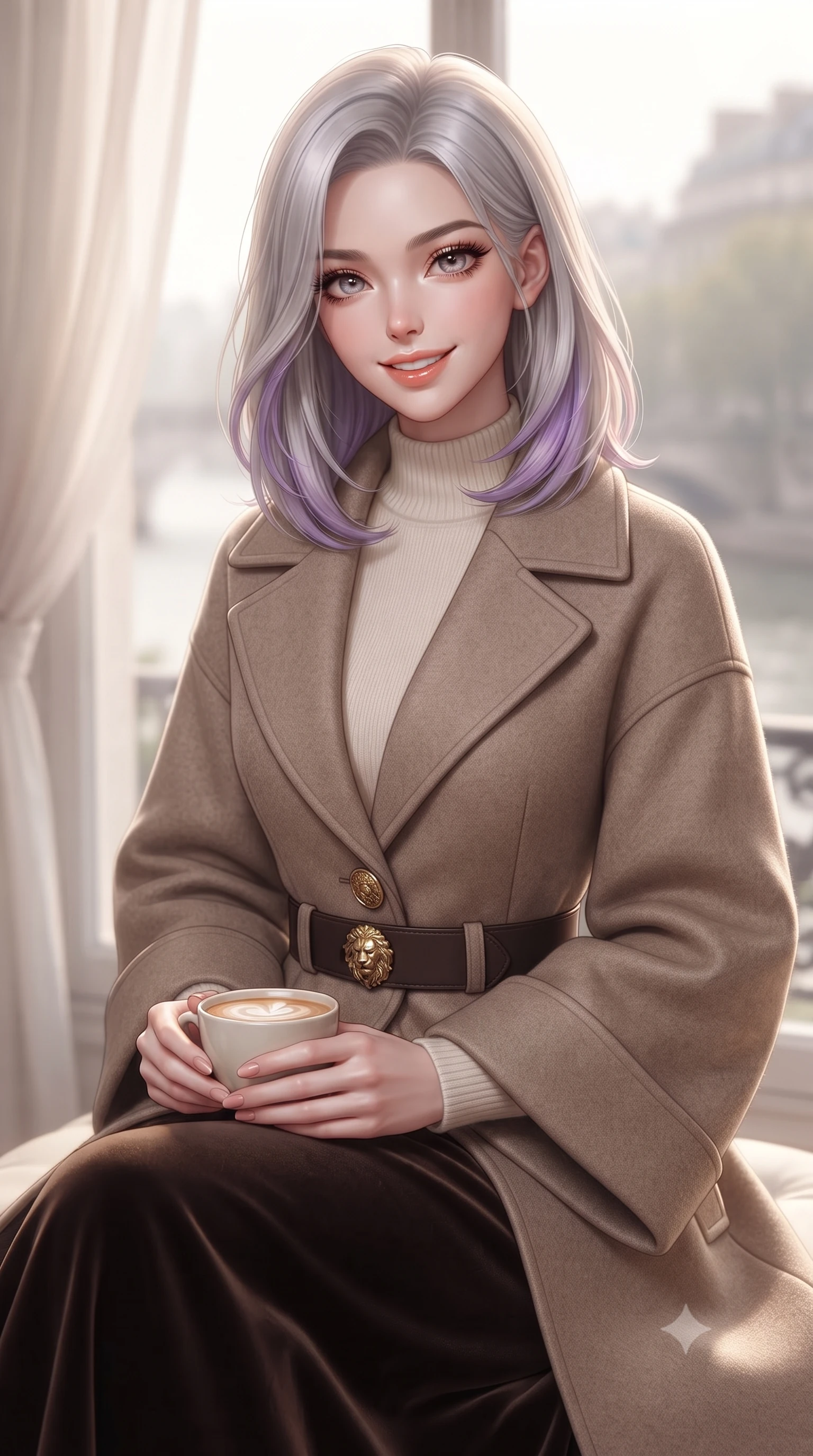 score_9, masterpiece, best quality, ultra-detailed, high-budget anime keyframe, editorial fashion photography, tasteful artistic composition, Caucasian woman. close-up cowboy shot from the waist and thighs up, the character dominates the composition, filling the frame with her large presence. holding a warm porcelain cup in both hands while tilting her head with an enchanting, beaming smile while holding a warm mug of café au lait in both hands, wrapped in an elegant wool wrap coat as morning mist rises over the river. The background shows a soft-focus French apartment interior shear curtains softened in intimate Parisian morning shallow focus. She has an exceptionally elegant, slender, and willowy female figure with an ultra-slim waist, flat toned midriff, narrow ribcage, and sculpted feminine hips creating an alluring, slim hourglass silhouette without bulk. sharp v-shaped jawline, high-bridge nose, intricate jewel-like sparkling eyes with depth, thick eyelashes, glossy parted lips with a natural peach sheen, bright cheerful beaming smile with an enchanting and coquettish sensual glint, exuding both youthful cute charm and seductive allure, flawlessly proportioned anatomical accuracy, strict slender model proportions, natural body alignment, perfectly sculpted long slender limbs, ultra-slim waistline, clean dynamic posture without body distortion. wearing an elegant tailored wool trench with kimono-inspired wide sleeves worn over an ivory mock-neck sweater and long skirt in Saint-Germain camel wool and warm espresso, crafted from rich cotton velvet with deep light-absorbing pile and soft gradients, accented with an ornate 24k gold lion-embossed crest button along the front closure, the structured cinched belt emphasizing her narrow waistline and gracefully balanced proportions with timeless haute-couture polish. illuminated by zinc roof reflection fill and clean pearlescent rim lights accentuating her sharp jawline and willowy silhouette. ultra-reflective glossy finish, specular highlights, rich textural contrasts, high-contrast stereoscopic depth, volumetric dynamic lighting, 2k, ultra detail, master piece, 9:16 ratio
