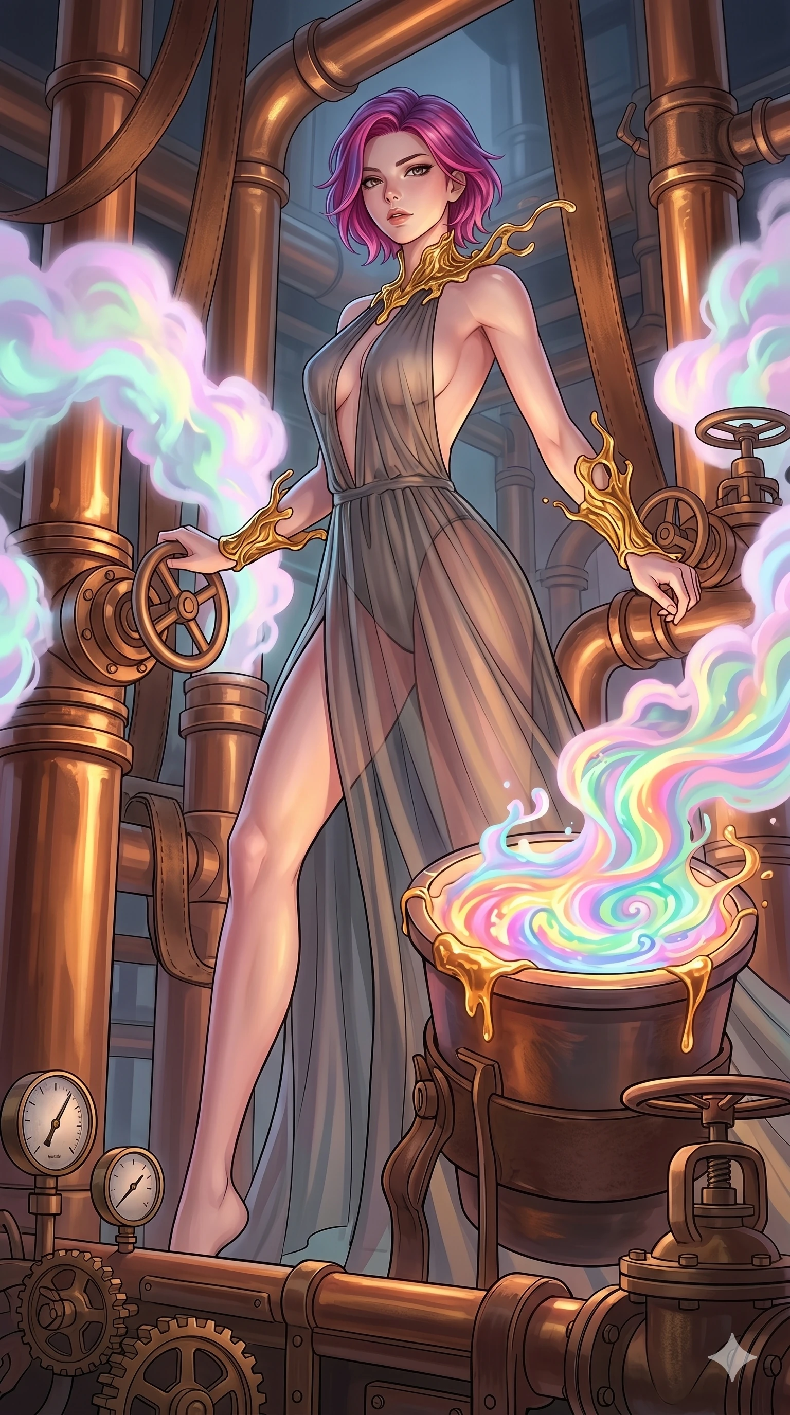 score_9, masterpiece, best quality, ultra-detailed, high-budget anime keyframe, Caucasian woman, strictly human ears. low angle full-body shot filling the entire 9:16 frame with her statuesque presence, stretching the vertical silhouette. operating a steampunk aurora foundry surrounded by massive copper pipes and leather belts, where pastel aurora gas billows from valves and liquid rainbow energy boils in a crucible. She has an absolutely perfect 8-heads proportion, an exceptionally tall and slender female figure with impossibly long slender legs and an ultra-slim waist. V-shaped jawline, high-bridge nose, intricate jewel-like eyes with depth, thick eyelashes, glossy lips with a natural sheen.. wearing a molten gold and chiffon gown, featuring organic liquid gold collar and cuffs on a translucent charcoal-gray halter neck chiffon gown with a deep backless design. accented by dynamic color-blocked lighting with high-contrast shadows emphasizing her statuesque height. 2k, ultra detail, master piece, 9:16 ratio