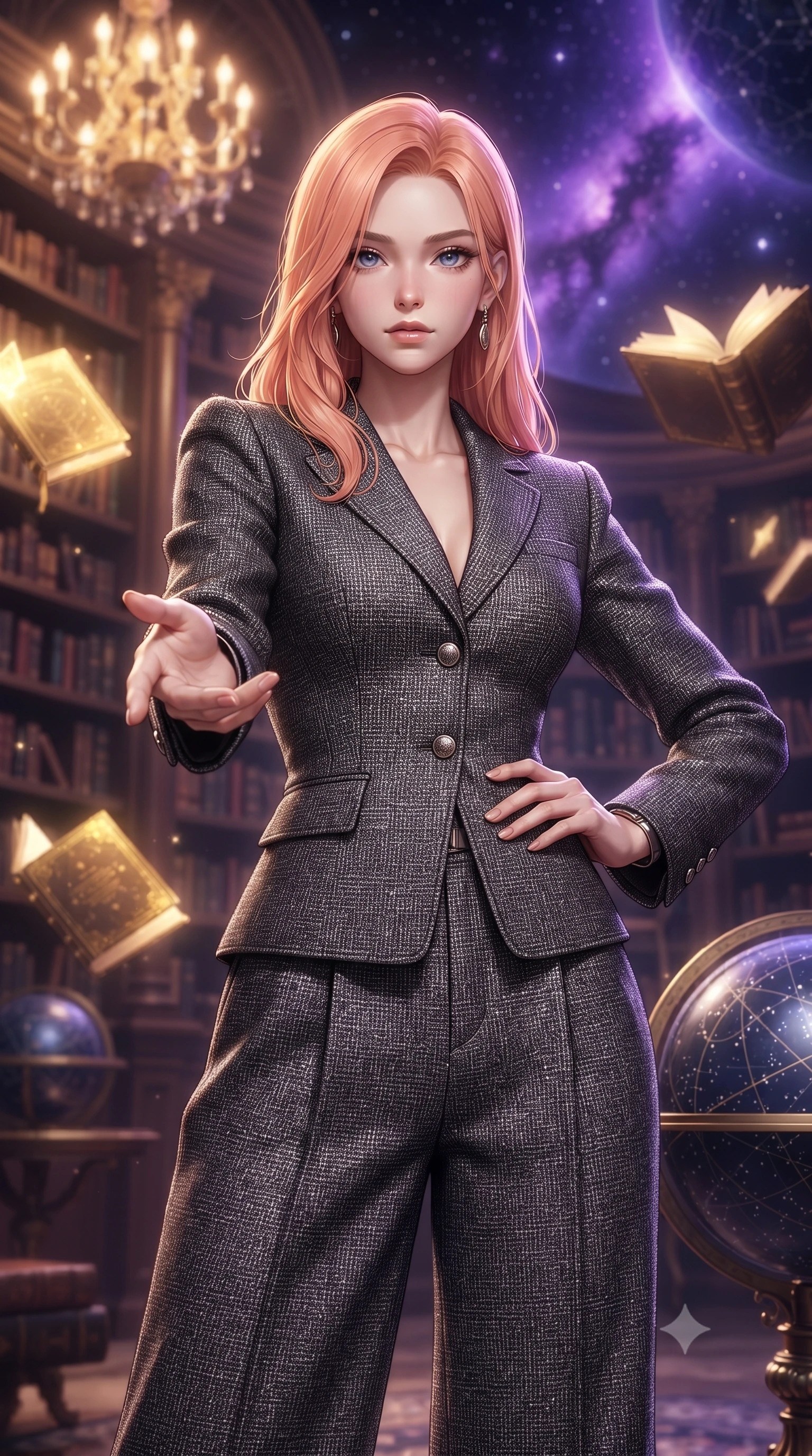 score_9, masterpiece, best quality, ultra-detailed, high-budget anime keyframe, editorial fashion photography, tasteful artistic composition, Japanese woman woman. close-up cowboy shot from the waist and thighs up, the character dominates the composition, filling the frame with her large presence, background elements kept in soft focus. She has an exceptionally elegant, slender, and willowy female figure with an ultra-slim waist, a gracefully sculpted slender torso, and a refined silhouette. reaching one hand toward the viewer with relaxed elegance, her gaze holding quiet authority, flawlessly proportioned anatomical accuracy, natural body alignment, perfectly sculpted elegant limbs, clean dynamic posture without body distortion. set against a soft-focus background of a grand baroque library with floating golden books and star charts. wearing a tailored charcoal tweed suit jacket with high-waisted wide trousers. bathed in warm ambient chandelier glow contrasting with deep space nebula purple light. ultra-reflective glossy finish, specular highlights, metallic sheen, high-contrast stereoscopic depth, volumetric dynamic lighting, 2k, ultra detail, master piece, 9:16 ratio