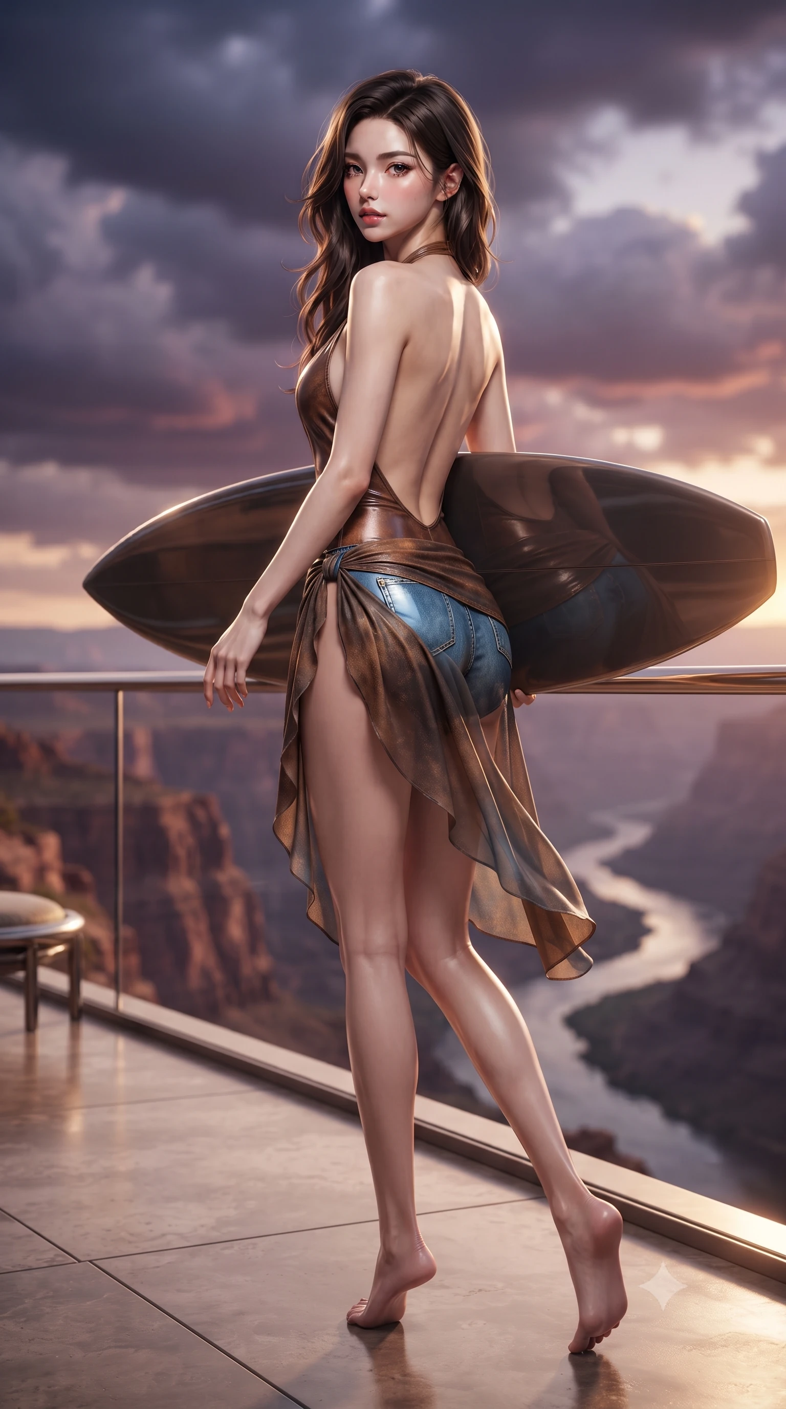 score_9, masterpiece, best quality, ultra-detailed, high-budget anime keyframe, editorial fashion photography, tasteful artistic composition, Korean woman. low angle full-body shot from head to toe showing her feet, filling the entire 9:16 vertical frame with her statuesque presence, stretching her vertical silhouette. walking along the terrace with poise, looking back over her bare shoulder with an irresistible smoldering bedroom-gaze while twisting her slender torso in an alluring S-curve, chrome exhaust pipes and canyon abyss framing her narrow waist and rounded hips. The background shows a soft-focus the vast labyrinth of canyon chasms, snaking river miles below, and distant storm clouds blurred into purple, terracotta, and amber bokeh. She has an absolutely perfect, statuesque 8.5-heads proportion, an exceptionally tall and slender model-like female figure with impossibly long slender legs, an ultra-slim waist, a flat toned midriff, narrow delicate ribcage, and beautifully sculpted feminine hips creating a graceful, slim hourglass silhouette without any bulky heaviness. sharp v-shaped jawline, high-bridge nose, sparkling eyes with hypnotic seductive depth, thick curled eyelashes, glossy parted lips with a natural dewy peach sheen, alluring bedroom-eyes with an enchanting coquettish smile, exuding magnetic siren charisma and sophisticated glamour, flawlessly proportioned anatomical accuracy, strict slender model proportions, natural body alignment, perfectly sculpted long slender limbs, ultra-slim waistline, clean dynamic posture without body distortion. wearing a plunging halterneck second-skin maillot swimsuit with deep backless scoop and high-slit chiffon beach wrap in distressed whiskey leather brown and sun-bleached denim blue, crafted from wet-look high-gloss vinyl fabric with dazzling specular surface reflections, accented with a custom high-gloss tinted surfboard held lightly with one hand, the liquid-tight tailored fabric clinging flawlessly to her narrow waist and rounded feminine hips, emphasizing every millimeter of her sculpted slim hourglass curves without any bulky heaviness. illuminated by chrome mirror reflections and sharp platinum-gold rim lights sculpting her jawline, ultra-slim waist, and curvy hips. ultra-reflective glossy finish, specular highlights, rich textural contrasts, high-contrast stereoscopic depth, volumetric dynamic lighting, 2k, ultra detail, master piece, 9:16 ratio