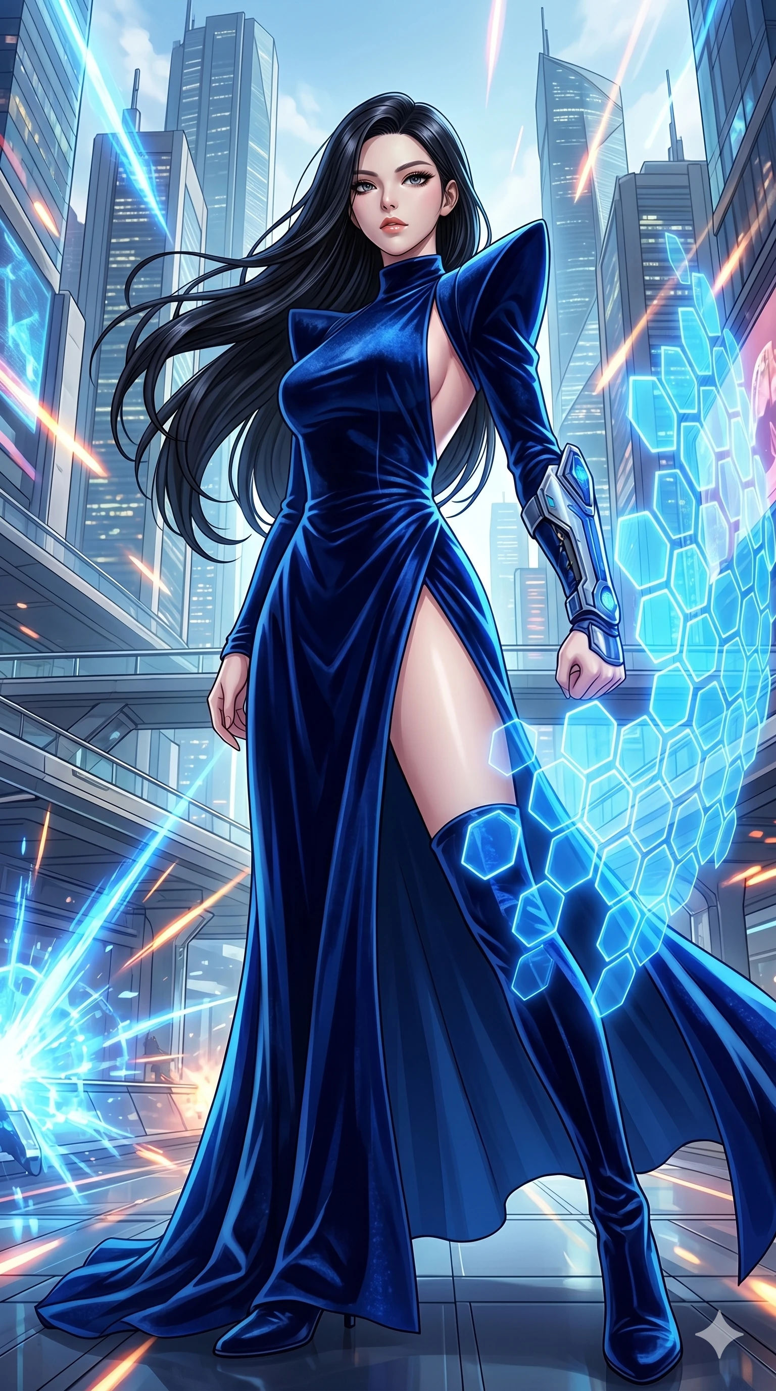score_9, masterpiece, best quality, ultra-detailed, Set C: High-budget Anime Keyframe, Korean woman. Low angle cowboy shot filling the entire 9:16 frame with her statuesque presence. Summoning a shield made of hexagonal energy tiles in a futuristic city battle. She has an absolutely perfect 8-heads proportion, an exceptionally tall and slender female figure with elegant long slender legs and an slender waist. Sharp v-shaped jawline, high-bridge nose, intricate jewel-like eyes with depth, thick eyelashes, glossy lips. Wearing a High-Fashion Editorial outfit: backless velvet gown with structured shoulders and a high slit. Background is a bright and colorful metropolis with glowing blue energy effects and dynamic motion. 2k, ultra detail, master piece, 9:16 ratio