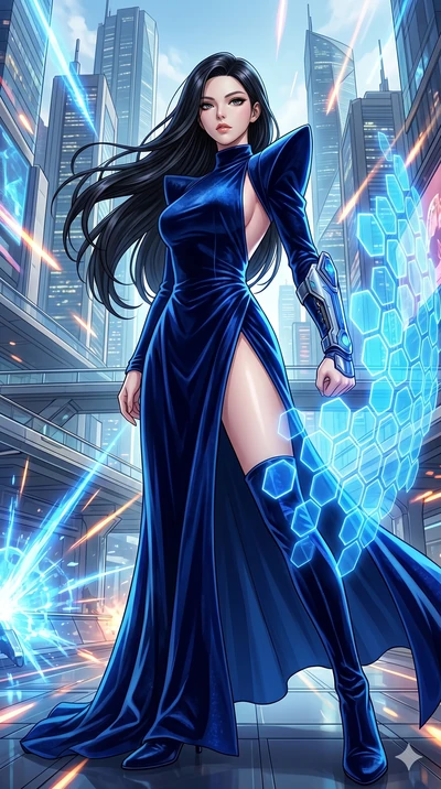 score_9, masterpiece, best quality, ultra-detailed, Set C: High-budget Anime Keyframe, Korean woman. Low angle cowboy shot filling the entire 9:16 frame with her statuesque presence. Summoning a shield made of hexagonal energy tiles in a futuristic c