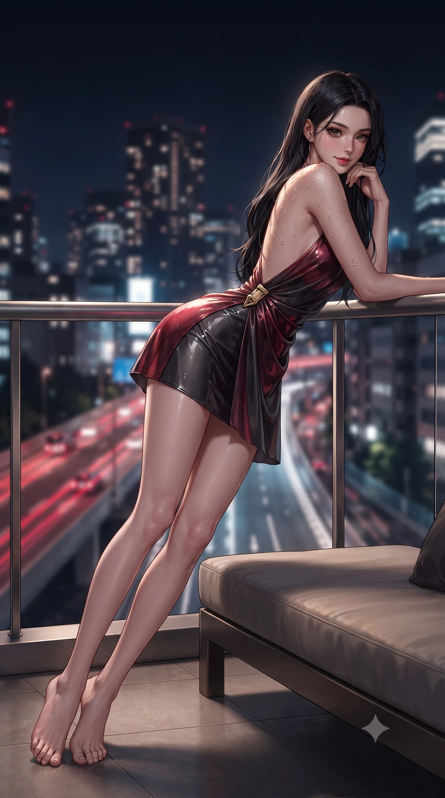 score_9, masterpiece, best quality, ultra-detailed, high-budget anime keyframe, editorial fashion photography, tasteful artistic composition, Korean woman. low angle full-body shot from head to toe showing her feet, filling the entire 9:16 vertical frame with her statuesque presence, stretching her vertical silhouette. leaning deep against the balcony balustrade with hips cocked back in an unapologetically alluring high-fashion stance, casting an intoxicating glance while reclining sideways across the low platform daybed with legs extended, resting on one forearm with sovereign femme fatale charisma. The background shows a soft-focus glittering sea of Tokyo night skyscrapers, moving red vehicle light trails on expressway overpasses, and dark night sky blurred into ruby, obsidian, and platinum bokeh. She has an absolutely perfect, statuesque 8.5-heads proportion, an exceptionally tall and slender model-like female figure with impossibly long slender legs, an ultra-slim waist, a flat toned midriff, narrow delicate ribcage, and beautifully sculpted feminine hips creating a graceful, slim hourglass silhouette without any bulky heaviness. sharp v-shaped jawline, high-bridge nose, sparkling eyes with hypnotic seductive depth, thick curled eyelashes, glossy parted lips with a natural dewy peach sheen, alluring bedroom-eyes with an enchanting coquettish smile, exuding magnetic siren charisma and sophisticated glamour, flawlessly proportioned anatomical accuracy, strict slender model proportions, natural body alignment, perfectly sculpted long slender limbs, ultra-slim waistline, clean dynamic posture without body distortion. wearing a draped Greek-goddess style silk chiffon mini toga dress with an open back and golden hip fibula in rich cherry lacquer and smoky charcoal, crafted from wet-look high-gloss vinyl fabric with dazzling specular surface reflections, finished with glistening drops of hot spring water beading across her sculpted shoulders and collarbones, the high-slit wrap tailoring accentuating her ultra-slim waistline and the enchanting curve of her feminine hips with alluring seductive charm. illuminated by black lacquer reflection bounce and sharp platinum-gold rim lights sculpting her jawline, narrow waist, and curvy hips. ultra-reflective glossy finish, specular highlights, rich textural contrasts, high-contrast stereoscopic depth, volumetric dynamic lighting, 2k, ultra detail, master piece, 9:16 ratio