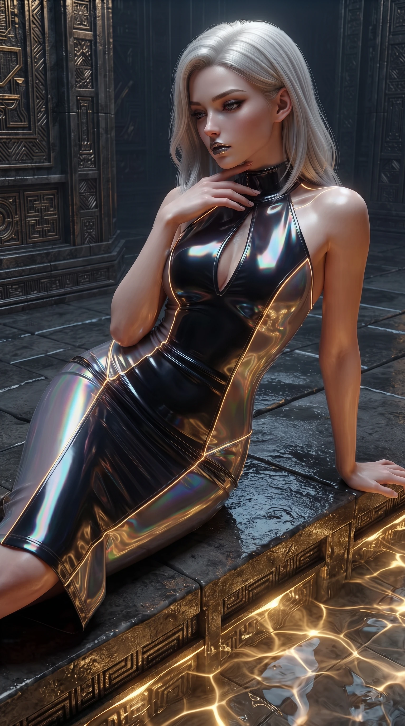 score_9, masterpiece, best quality, ultra-detailed, high-budget anime keyframe, editorial fashion photography, tasteful artistic composition, Caucasian woman. close-up cowboy shot from the waist and thighs up, the character dominates the composition, filling the frame with her large presence. resting her fingers lightly against her throat while looking down with a smoldering, haughty yet intensely captivating glance while reclining along the wet obsidian ledge of a cybernetic sanctuary with glowing gold caustics illuminating her figure. The surrounding environment is rendered in vivid detail and crisp panoramic clarity. rich chiaroscuro lighting and intricate cyber-temple architectural textures rendered in panoramic clarity. She has an exceptionally elegant, slender, and willowy female figure with an ultra-slim waist, a gracefully sculpted slender torso, and a refined silhouette. sharp v-shaped jawline, high-bridge nose, intricate jewel-like eyes with depth, thick eyelashes, glossy lips with a natural sheen, flawlessly proportioned anatomical accuracy, natural body alignment, perfectly sculpted elegant limbs, clean dynamic posture without body distortion. wearing a velvet halter-neck midi dress fitting her statuesque contour flawlessly with a Tasteful chest slit and open spine in translucent smoky quartz and iridescent holographic sheen, crafted from ultra-reflective second-skin latex with a glass-like polish, accented with glowing fiber-optic seams tracing her collarbones and hip curves, the glove-like fit tightly following every curve of her statuesque athletic build. surrounded by a mysterious, opulent, and dangerously sensual sanctuary atmosphere. ultra-reflective glossy finish, specular highlights, metallic sheen, high-contrast stereoscopic depth, volumetric dynamic lighting, 2k, ultra detail, master piece, 9:16 ratio