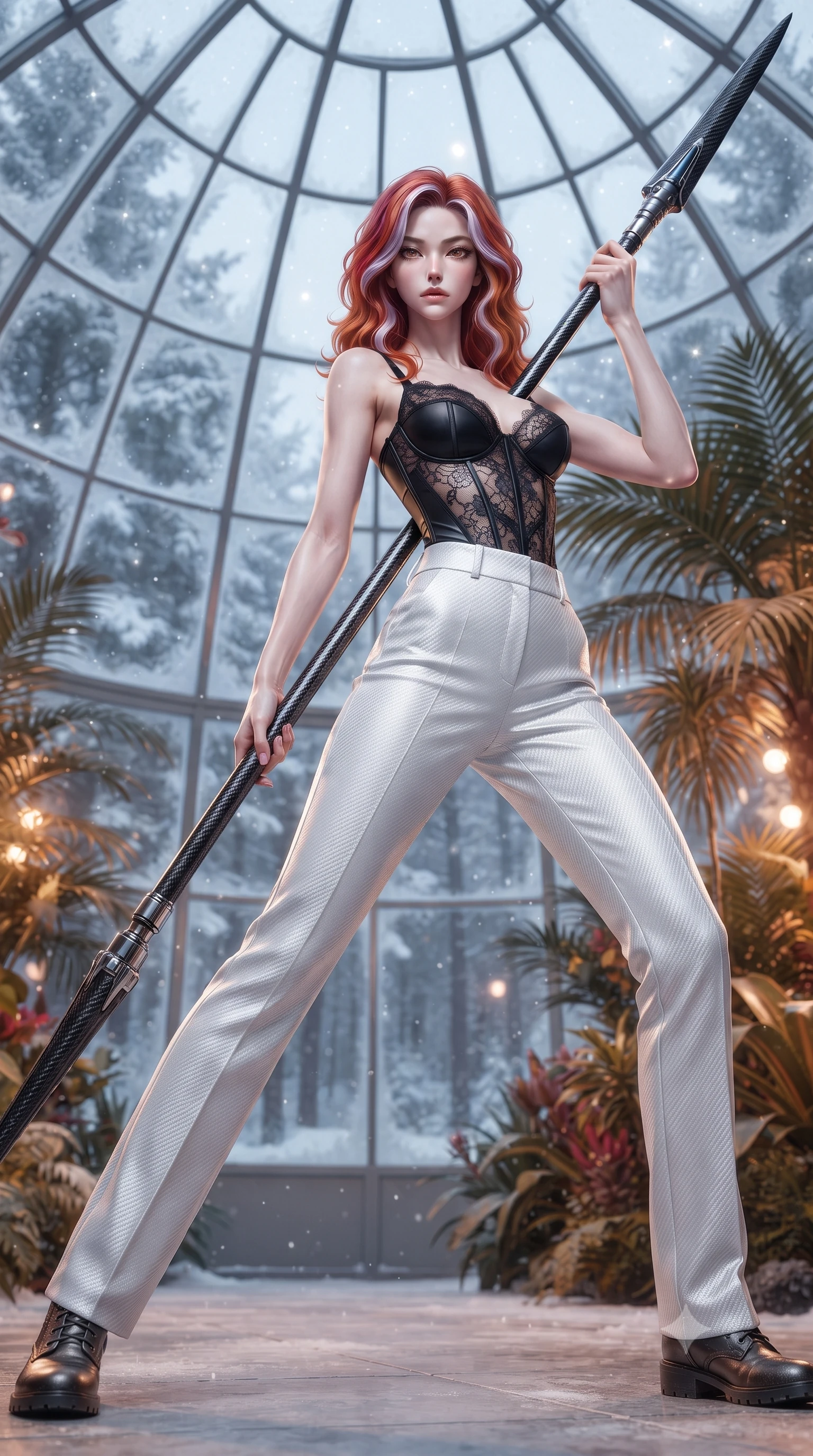 score_9, masterpiece, best quality, ultra-detailed, high-budget anime keyframe, editorial fashion photography, tasteful artistic composition, Caucasian woman. low angle full-body shot from head to toe showing her feet, filling the entire 9:16 vertical frame with her statuesque presence, stretching her vertical silhouette. standing in a dynamic combat stance with a carbon-fiber spear held diagonally, stretching her statuesque body, the background shows a soft-focus a glass greenhouse dome built in a snowy biome, filled with warm tropical palms. She has an absolutely perfect, statuesque 8.5-heads proportion, an exceptionally tall and slender model-like female figure with impossibly long slender legs and an ultra-slim waist. sharp v-shaped jawline, high-bridge nose, intricate jewel-like eyes with depth, thick eyelashes, glossy lips with a natural sheen. wearing a tailored delicate lace combat corset top in black silk, paired with high-waisted white carbon-weave trousers. soft silver starlight filtering through glass panels, creating a cool ambient glow. ultra-reflective glossy finish, specular highlights, metallic sheen, high-contrast stereoscopic depth, volumetric dynamic lighting, 2k, ultra detail, master piece, 9:16 ratio