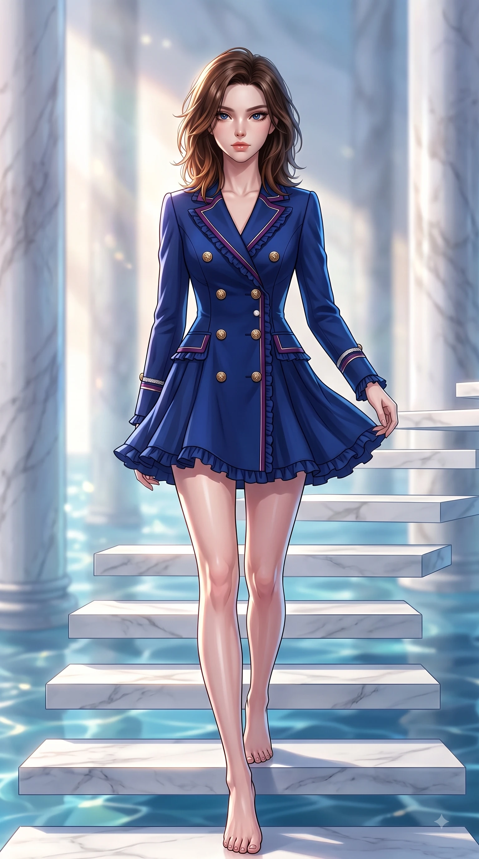 score_9, masterpiece, best quality, ultra-detailed, high-budget anime keyframe, editorial fashion photography, tasteful artistic composition, Korean woman. low angle full-body shot from head to toe showing her feet, filling the entire 9:16 vertical frame with her statuesque presence, stretching her vertical silhouette. Statuesque haughty posture with a cool, sharp glance and composed high-fashion elegance while ascending a minimalist floating staircase with flawless statuesque proportions. The composition keeps background elements in soft focus with dreamy bokeh. sunlit water refractions and marble pillars softened by creamy shallow depth of field. She has an absolutely perfect, statuesque 8.5-heads proportion, an exceptionally tall and slender model-like female figure with impossibly long slender legs and an ultra-slim waist. sharp v-shaped jawline, high-bridge nose, intricate jewel-like eyes with depth, thick eyelashes, glossy lips with a natural sheen, flawlessly proportioned anatomical accuracy, natural body alignment, perfectly sculpted elegant limbs, clean dynamic posture without body distortion. wearing a royal navy blue double-breasted blazer dress accented with gold crest buttons in rich plum violet and metallic platinum, woven from fine lightweight chiffon fluttering gracefully, accented with delicate pearl buttons and refined ruffle trims, the tailored fit highlighting her statuesque and model-like silhouette. illuminated by polished specular highlights and cool futuristic rim lighting. highly saturated vibrant anime colors, detailed shading with soft gradients, rich glossy textures, high-contrast stereoscopic depth, volumetric dynamic lighting, master piece, 9:16 ratio