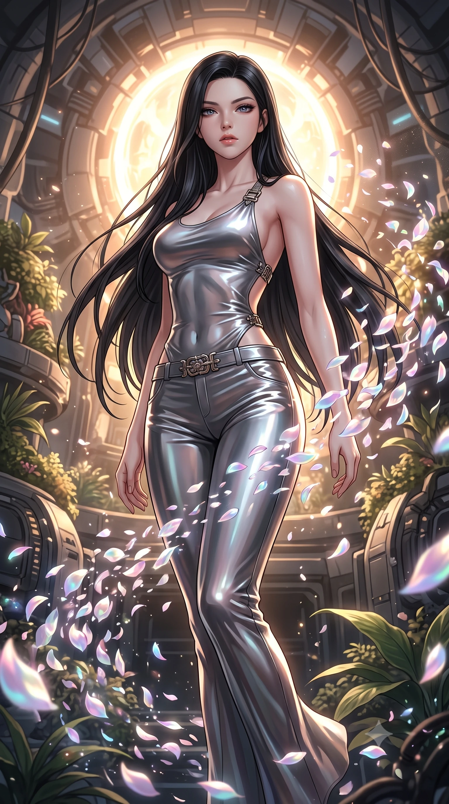 score_9, masterpiece, best quality, ultra-detailed, High-budget Anime Keyframe, East Asian woman. Low angle cowboy shot filling the entire 9:16 frame with her statuesque presence. Scenario 274: dissolving into a cloud of iridescent silk petals inside a secret bio-dome containing a giant glowing fusion reactor. Her presence is magnetic and overpowering in this high-budget anime scene. Outfit 274: a slim-fit molten liquid silk bare with a backless design and metallic buckles. The clothing is designed to emphasize her exceptionally tall and slender 8-heads proportion. 8-heads proportion, towering silhouette, ultra-slim waist. sharp v-shaped jawline, intricate jewel-like eyes with depth, thick eyelashes, glossy lips. 2k, ultra detail, master piece, 9:16 ratio