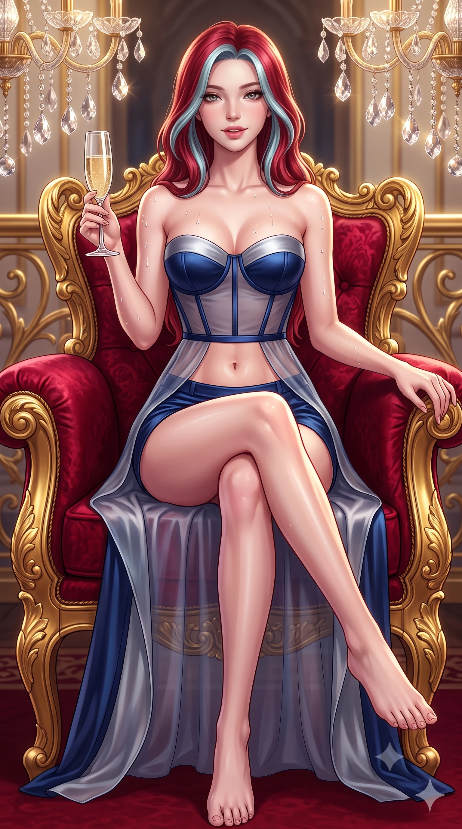 score_9, masterpiece, best quality, ultra-detailed, high-budget anime keyframe, semi-realistic 3D game render, editorial fashion photography, tasteful artistic composition, Caucasian woman. low angle full-body shot from head to toe showing her feet, filling the entire 9:16 vertical frame with her statuesque presence, stretching her vertical silhouette. stepping slowly toward the camera with hypnotic grace, hips swaying in an alluring sensual rhythm that accentuates her curvy hourglass silhouette and long slender legs while sitting gracefully on the antique gilded armchair with legs crossed, holding a crystal champagne flute with an enchanting, parted-lip smile. The surrounding environment is rendered in vivid detail and crisp panoramic clarity: sharp crushed crimson velvet pile, 24-karat gold leaf scrollwork, and cut-crystal chandelier facets in deep focus. She has an absolutely perfect, statuesque 8.5-heads proportion, an exceptionally tall and slender model-like female figure with impossibly long slender legs, an ultra-slim waist, a flat toned midriff, narrow delicate ribcage, and beautifully sculpted feminine hips creating a graceful, slim hourglass silhouette without any bulky heaviness. sharp v-shaped jawline, high-bridge nose, sparkling eyes with hypnotic seductive depth, thick curled eyelashes, glossy parted lips with a natural dewy peach sheen, alluring bedroom-eyes with an enchanting coquettish smile, exuding magnetic siren charisma and sophisticated glamour, flawlessly proportioned anatomical accuracy, strict slender model proportions, natural body alignment, perfectly sculpted long slender limbs, ultra-slim waistline, clean dynamic posture without body distortion. wearing a strapless boned satin corset bodice paired with low-waisted tailored satin hot-pants in deep sapphire navy and molten silver, made of sheer gossamer chiffon that drapes softly against skin with airy translucence, finished with glistening drops of lagoon or spa water beading across her sculpted shoulders and collarbones, the form-contouring silhouette accentuating her sculpted flat midriff, narrow delicate ribcage, and gracefully curvy hips with intoxicating allure. illuminated by gilded railing reflection bounce and sharp royal-gold rim lights sculpting her razor-sharp jawline, narrow waist, and curvy hips. highly saturated vibrant anime colors, detailed shading with soft gradients, rich glossy textures, high-contrast stereoscopic depth, volumetric dynamic lighting, master piece, 9:16 ratio