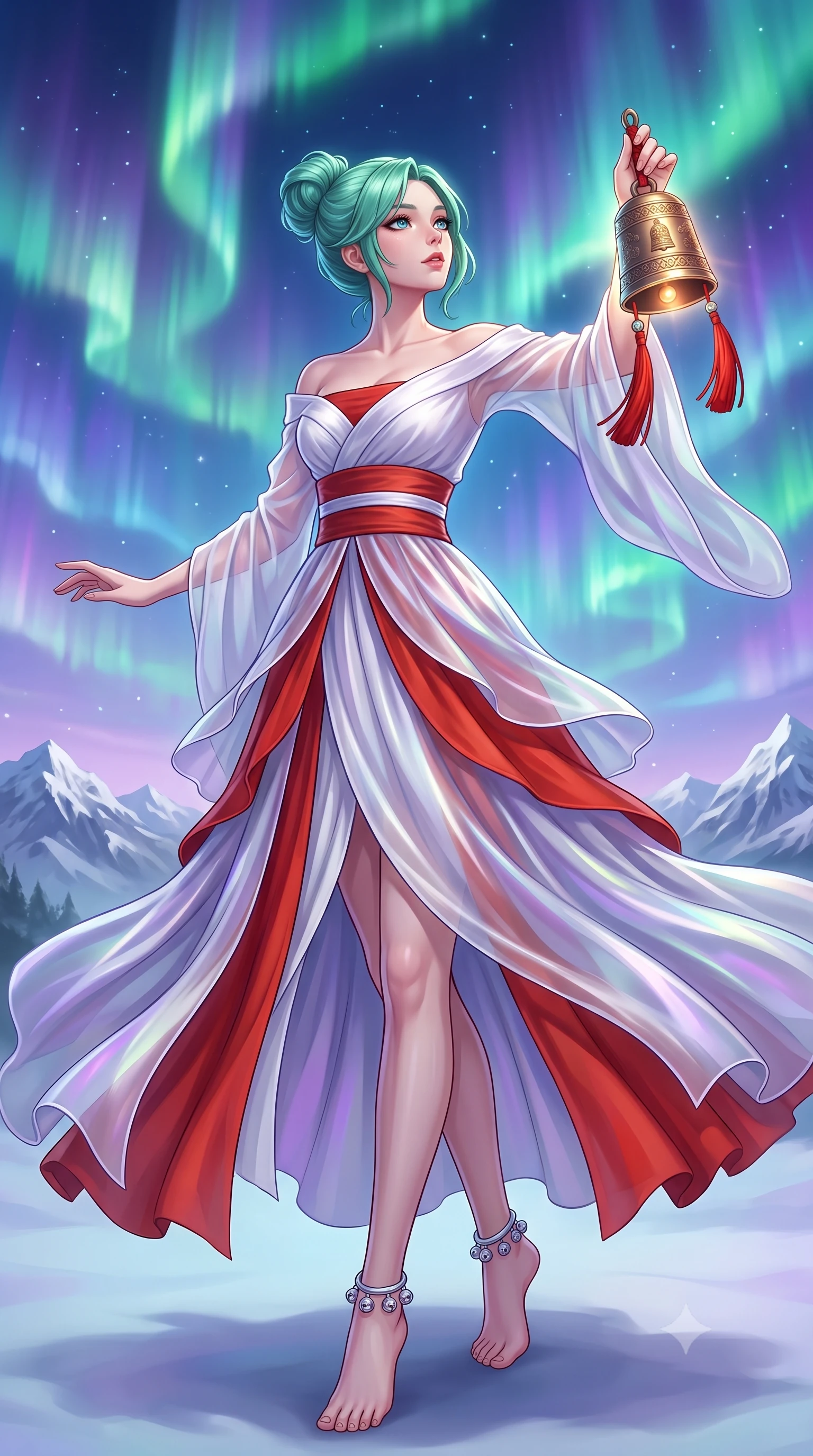 score_9, masterpiece, best quality, ultra-detailed, high-budget anime keyframe, semi-realistic 3D game render, editorial fashion photography, tasteful artistic composition, Japanese woman. low angle full-body shot from head to toe showing her feet, filling the entire 9:16 vertical frame with her statuesque presence, stretching her vertical silhouette. executing an elegant mid-motion spin with effortless grace, her garments fluttering softly around her ultra-slim waistline while holding a glowing bronze ritual bell with red tassels, looking up at the aurora-filled sky with reverent, sparkling eyes. The surrounding environment is rendered in vivid detail and crisp panoramic clarity. detailed aurora wave ribbons, distant mountain ranges, and sacred bronze bell engravings in high clarity. She has an absolutely perfect, statuesque 8.5-heads proportion, an exceptionally tall and slender model-like female figure with impossibly long slender legs, a toned flat midriff, and an ultra-slim waist. sharp v-shaped jawline, high-bridge nose, intricate jewel-like eyes with depth, thick eyelashes, glossy lips with a natural sheen, captivating and magnetic expression, flawlessly proportioned anatomical accuracy, strict slender model proportions, natural body alignment, perfectly sculpted long slender limbs, ultra-slim waistline, clean dynamic posture without body distortion. wearing a celestial lotus-inspired layered chiffon gown with an exposed clavicle bodice in pure snow white and vermilion red, made of semi-translucent iridescent organza shifting between silver and violet, accented with dainty silver ankle bells and a glowing constellation circlet, the glove-like aerodynamic second-skin fit tightly clinging to her ultra-slender waist and athletic curves without adding bulk, accentuating her razor-sharp statuesque lines and slim hourglass silhouette. surrounded by a divine, mystical, and spiritually transcendent shrine maiden sovereign aura. highly saturated vibrant anime colors, detailed shading with soft gradients, rich glossy textures, high-contrast stereoscopic depth, volumetric dynamic lighting, master piece, 9:16 ratio