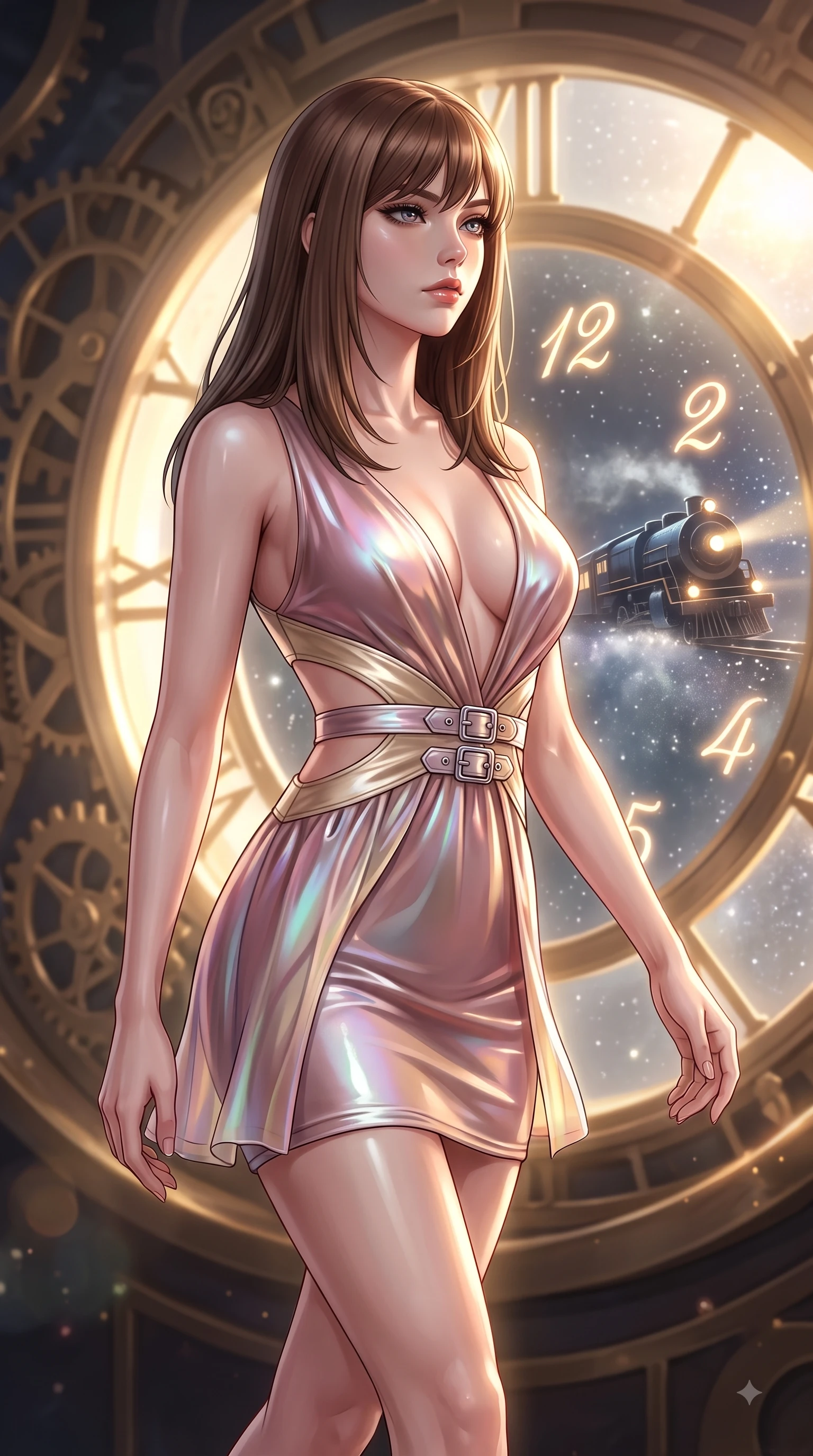 score_9, masterpiece, best quality, ultra-detailed, high-budget anime keyframe, editorial fashion photography, tasteful artistic composition, Korean woman. close-up cowboy shot from the waist and thighs up, the character dominates the composition, filling the frame with her large presence, background elements kept in soft focus. Gazing past the lens with smoldering intensity as her torso curves dynamically in mid-stride while gazing out a circular clock window at a galaxy express train passing through starlight mist, glowing neon clock numbers floating in the air with vintage elegancy. She has an exceptionally elegant, slender, and willowy female figure with an ultra-slim waist, a gracefully sculpted slender torso, and a refined silhouette. sharp v-shaped jawline, high-bridge nose, intricate jewel-like eyes with depth, thick eyelashes, glossy lips with a natural sheen, flawlessly proportioned anatomical accuracy, natural body alignment, perfectly sculpted elegant limbs, clean dynamic posture without body distortion. wearing a liquid mercury gloss mini dress with ultra-deep V-neck and waist cutouts in dusty rose and champagne gold, crafted from iridescent chiffon that shifts colors in the light, detailed with polished silver buckles along the waistline, the tailored fabric tightly following every curve of her athletic build. illuminated by a brilliant golden hour glow filtering through clockwork dials. ultra-reflective glossy finish, specular highlights, metallic sheen, high-contrast stereoscopic depth, volumetric dynamic lighting, 2k, ultra detail, master piece, 9:16 ratio