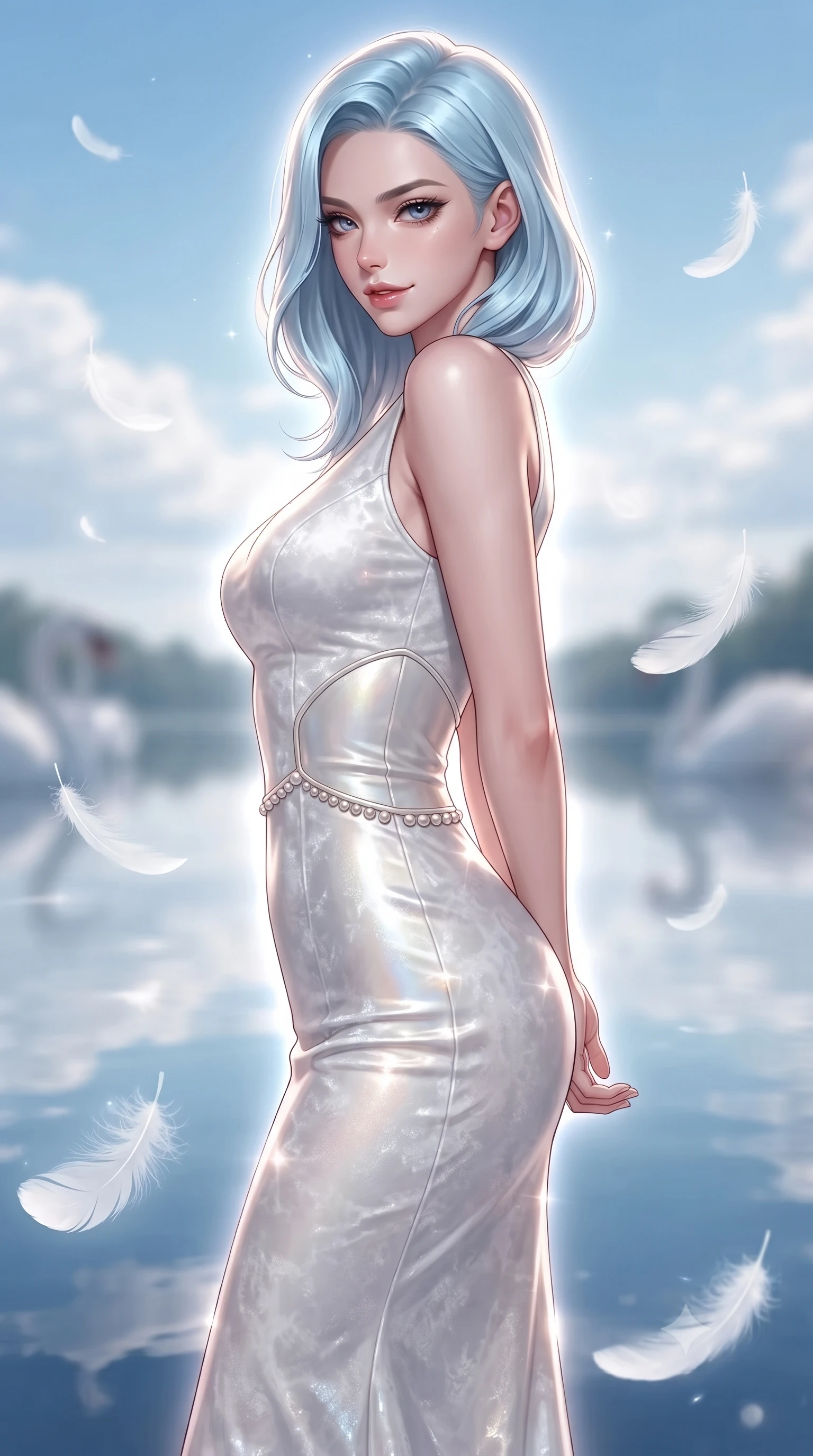 score_9, masterpiece, best quality, ultra-detailed, high-budget anime keyframe, editorial fashion photography, tasteful artistic composition, Korean woman. close-up cowboy shot from the waist and thighs up, the character dominates the composition, filling the frame with her large presence, background elements kept in soft focus. Glancing sidelong over her shoulder with a smoldering half-smile, navigating a serene water sanctuary as white swan feathers hover in zero-gravity, flawless mirror lake surface reflecting sky clouds and her silhouette. She has an exceptionally elegant, slender, and willowy female figure with an ultra-slim waist, a gracefully sculpted slender torso, and a refined silhouette. sharp v-shaped jawline, high-bridge nose, intricate jewel-like eyes with depth, thick eyelashes, glossy lips with a natural sheen. wearing sculpted form-fitting crushed white velvet column gown in pearl white, made of polished ivory leather, adorned with minimalist pearl hardware framing the waistline, sculpting her athletic slender build with refined precision. surrounded by a radiant ethereal aura with soft glowing edge lights. ultra-reflective glossy finish, specular highlights, metallic sheen, high-contrast stereoscopic depth, volumetric dynamic lighting, 2k, ultra detail, master piece, 9:16 ratio