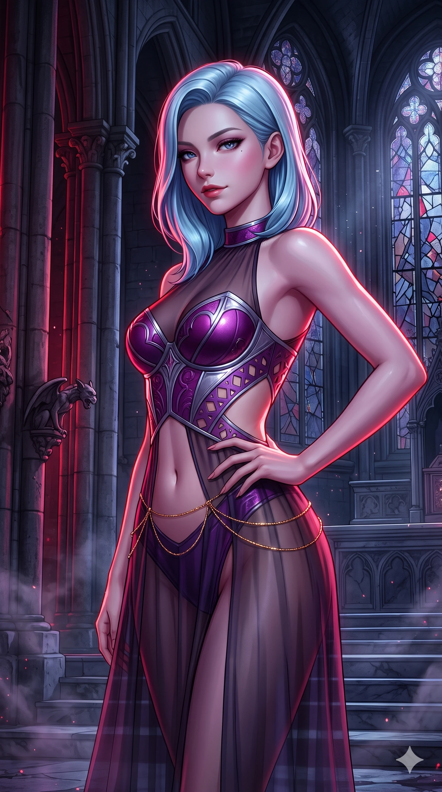 score_9, masterpiece, best quality, ultra-detailed, high-budget anime keyframe, semi-realistic 3D game render, editorial fashion photography, tasteful artistic composition, Korean woman. close-up cowboy shot from the waist and thighs up, the character dominates the composition, filling the frame with her large presence. glancing sidelong over her shoulder with a smoldering, enigmatic half-smile that commands the frame while holding a confident power pose with one hand on her hip beside the soaring stone nave pillars, looking into the lens with dangerous intensity. The surrounding environment is rendered in vivid detail and crisp panoramic clarity: sharp fractured stained-glass lead cames, carved stone gargoyle details, and cold marble altar step textures in deep focus. She has an exceptionally elegant, slender, and willowy female figure with an ultra-slim waist, flat toned midriff, narrow ribcage, and sculpted feminine hips creating an alluring, slim hourglass silhouette without bulk. sharp v-shaped jawline, high-bridge nose, intricate jewel-like dark sparkling eyes with hypnotic seductive depth, thick curled eyelashes, glossy parted lips with a natural wine sheen, alluring bedroom-eyes with an enigmatic smoldering smile, exuding magnetic sovereign charisma and dark avant-garde glamour, flawlessly proportioned anatomical accuracy, strict slender model proportions, natural body alignment, perfectly sculpted long slender limbs, ultra-slim waistline, clean dynamic posture without body distortion. wearing a semi-opaque sheer dark chiffon gown revealing a structured bodice silhouette in royal amaranth purple and liquid platinum, adorned with laser-cut diamond side panels revealing teasing glimpses of bare skin, accented with a dainty gold belly chain resting across her flat midriff and curving hips, accentuating her gracefully sculpted slender torso and statuesque proportions. bathed in sharp crimson laser rim light piercing cold midnight shadows and incense smoke. highly saturated vibrant anime colors, detailed shading with soft gradients, rich glossy textures, high-contrast stereoscopic depth, volumetric dynamic lighting, master piece, 9:16 ratio